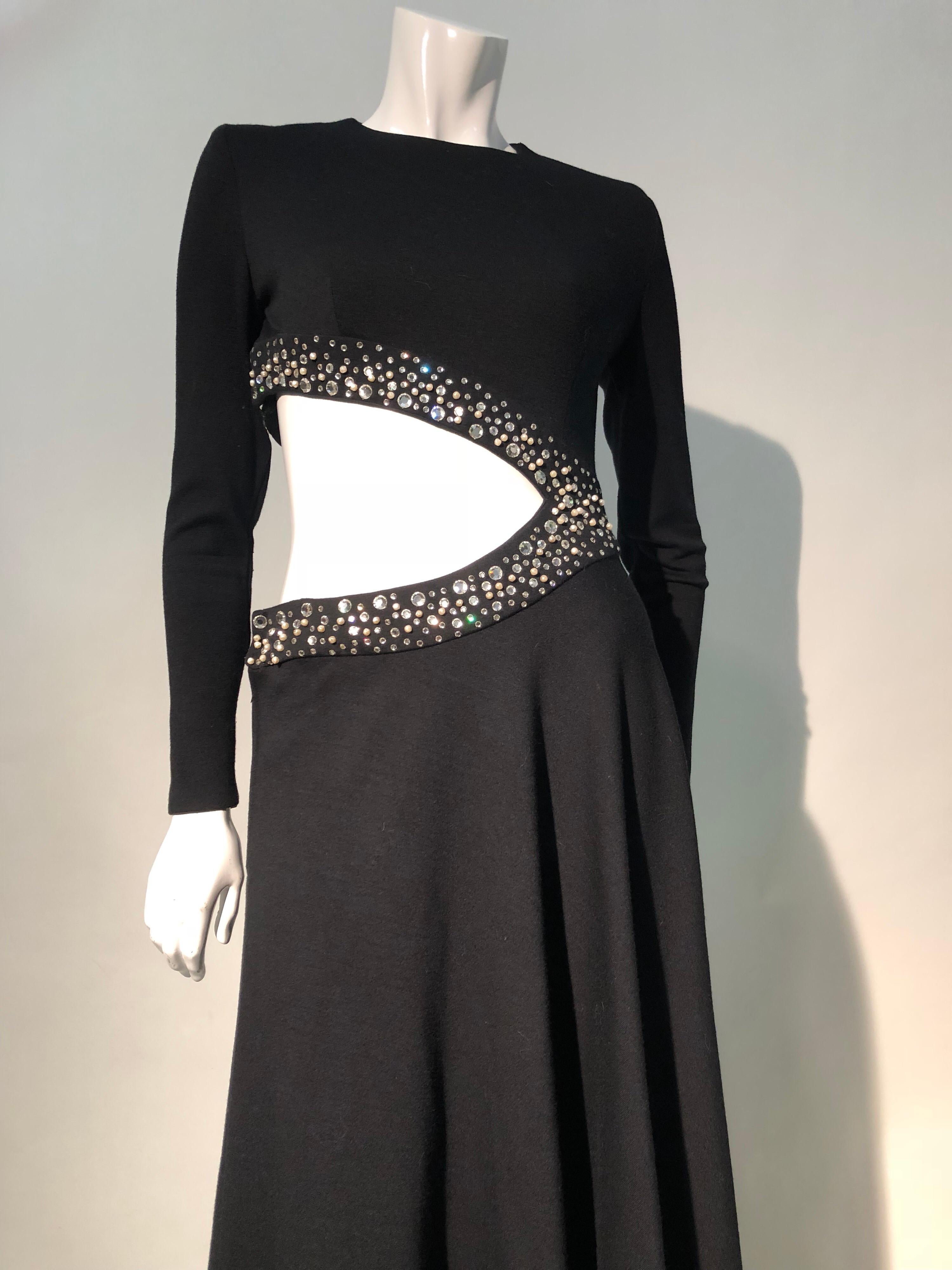 1970s Black Bias-Cut Wool Maxi Dress W/ Asymmetrical Cut-Out & Rhinestone Trim  12