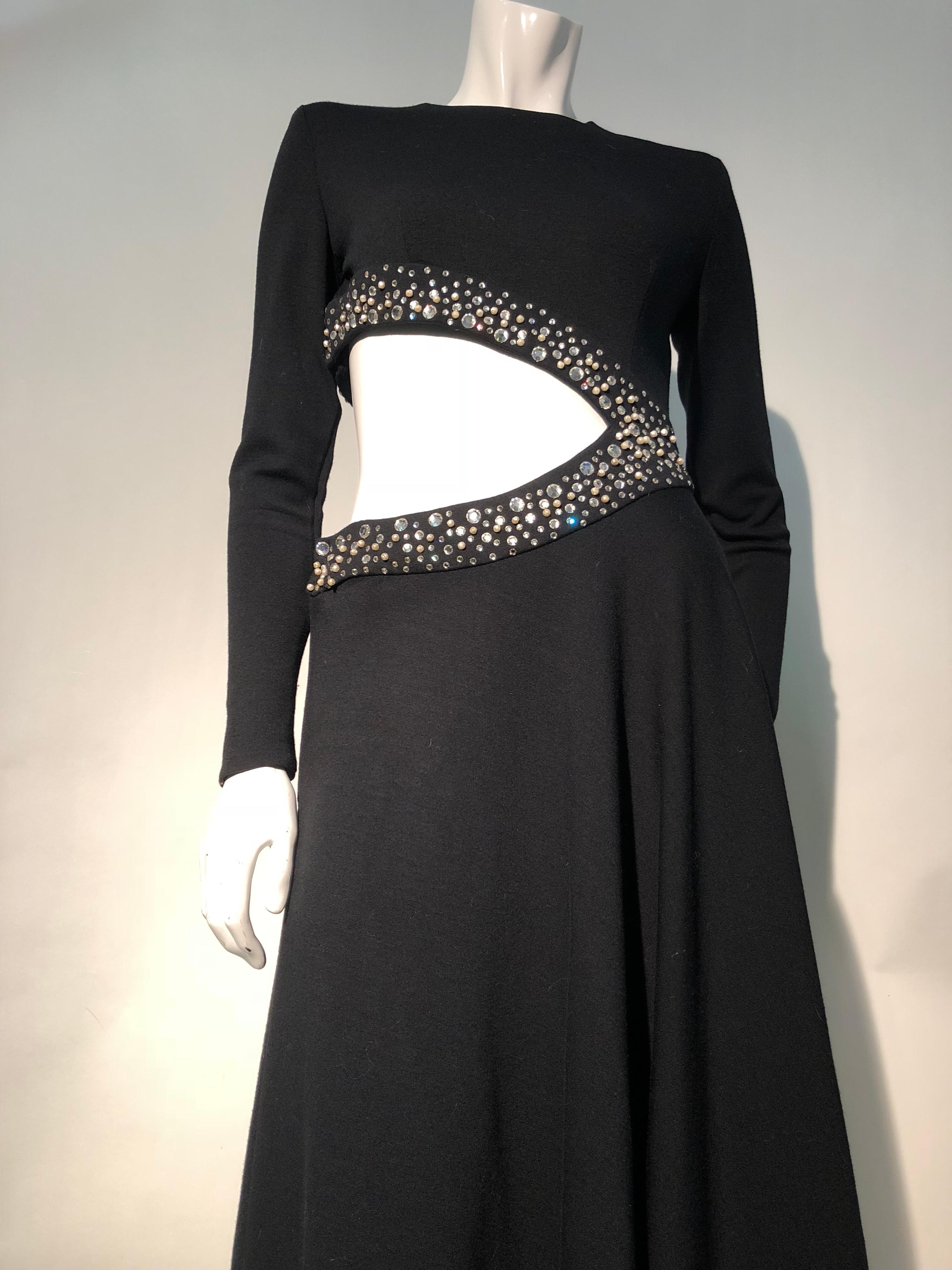 1970s Black Bias-Cut Wool Maxi Dress W/ Asymmetrical Cut-Out & Rhinestone Trim  13