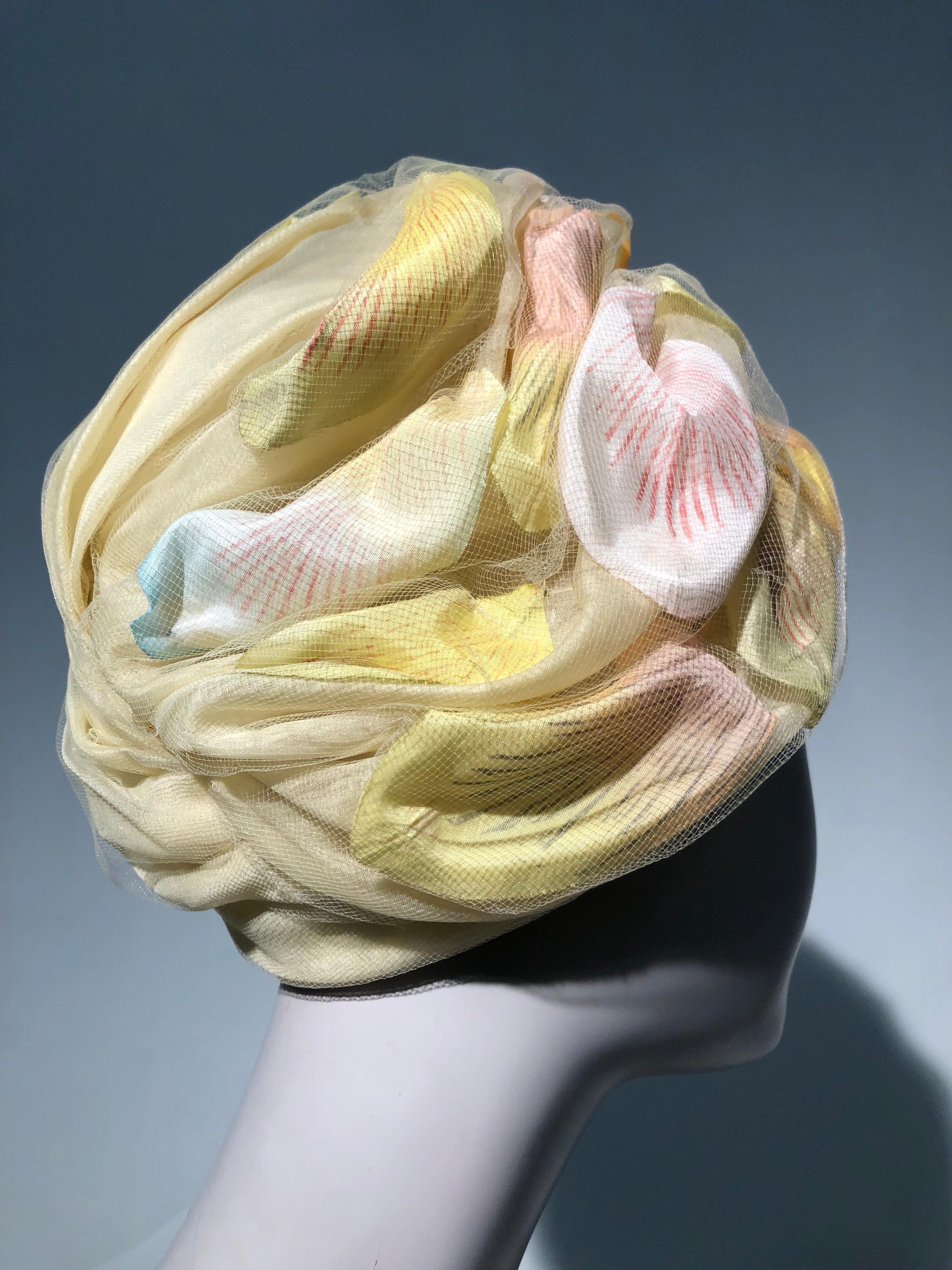 Beige 1960s Christian Dior Pale Yellow Silk Beehive Turban Hat W/ Large Pastel Petals