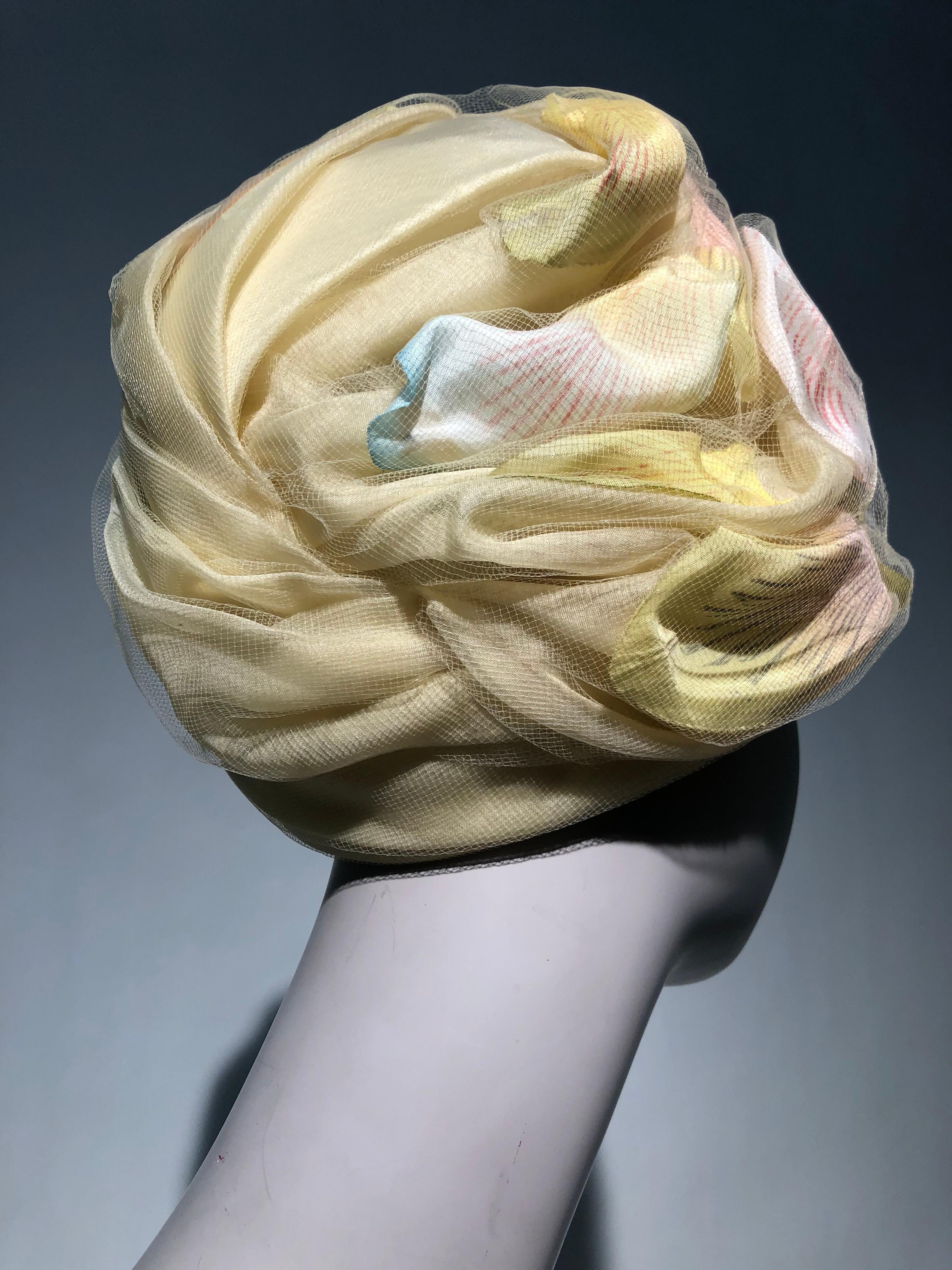 1960s Christian Dior Pale Yellow Silk Beehive Turban Hat W/ Large Pastel Petals In Excellent Condition In Gresham, OR