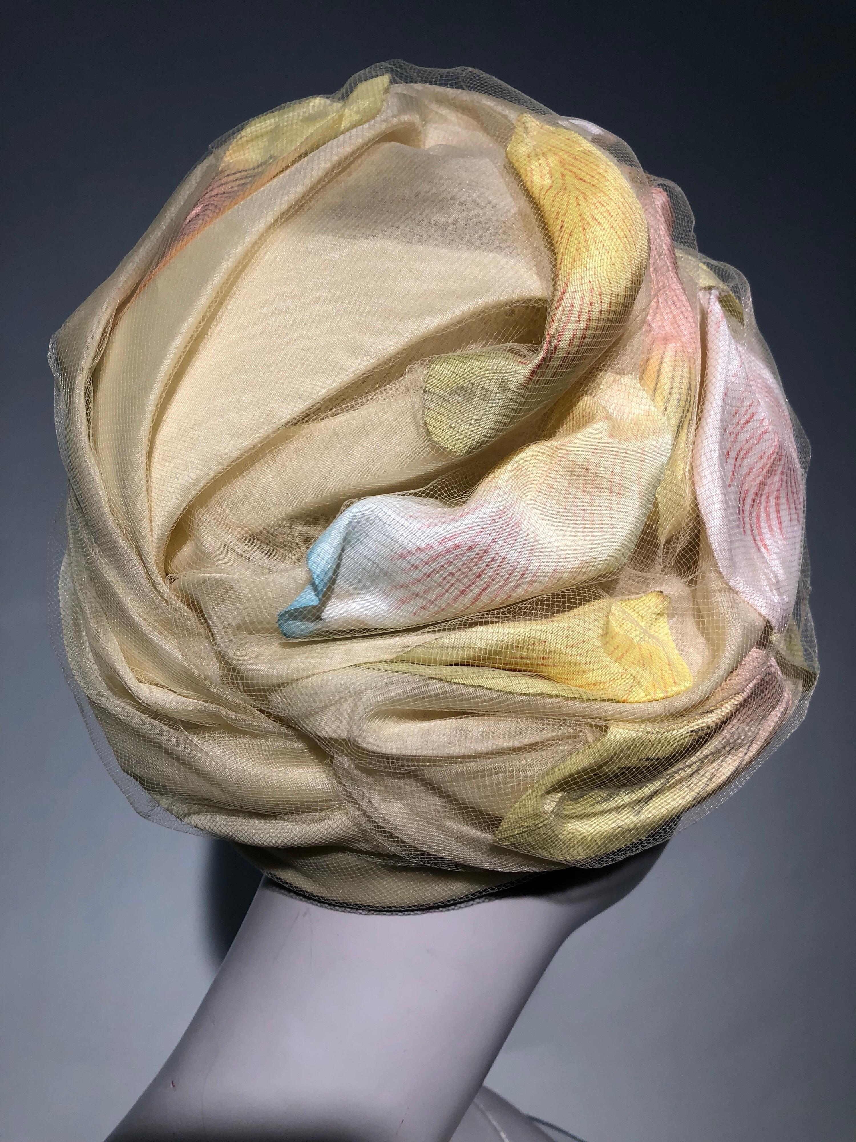 Women's 1960s Christian Dior Pale Yellow Silk Beehive Turban Hat W/ Large Pastel Petals