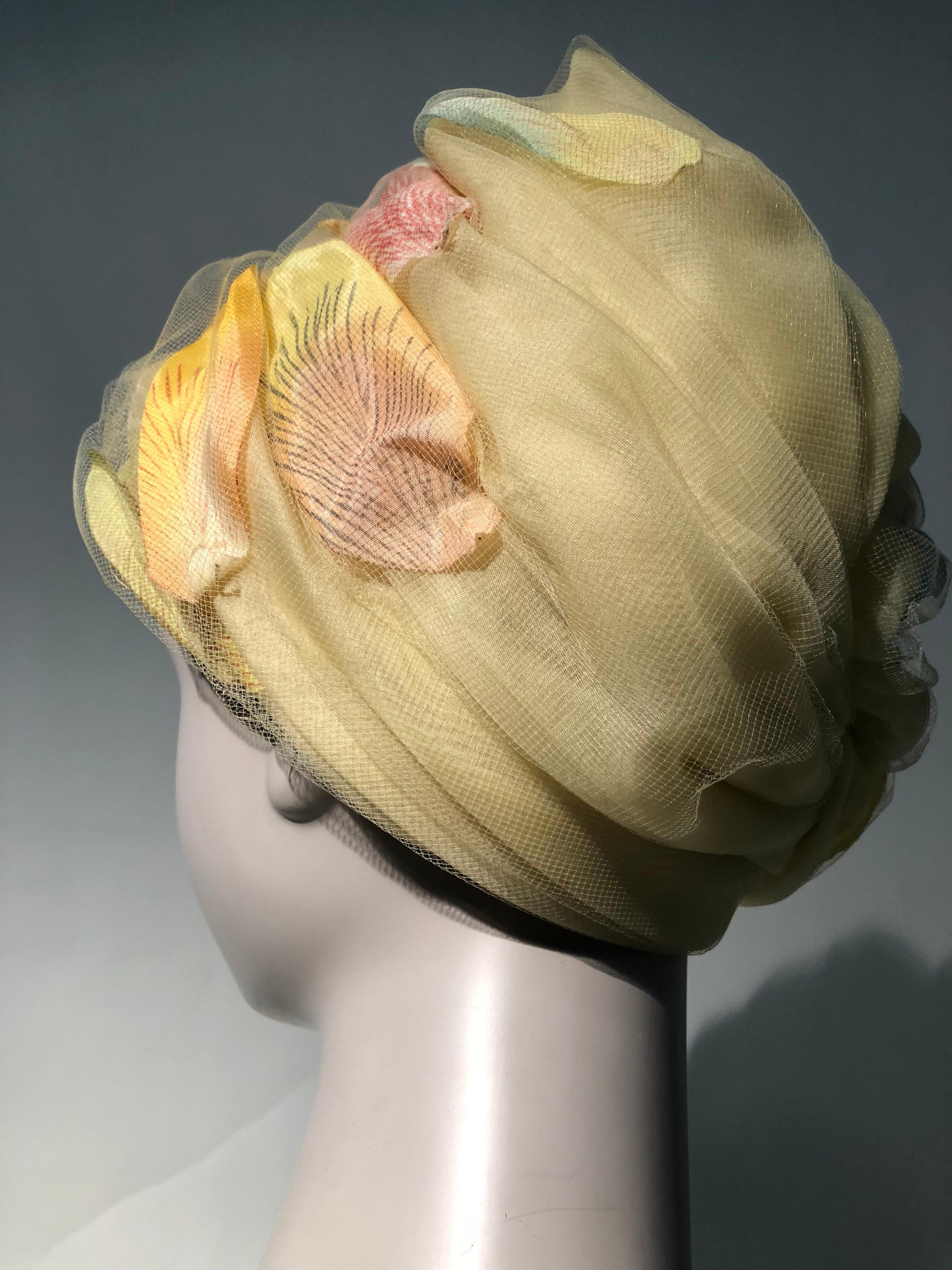 1960s Christian Dior Pale Yellow Silk Beehive Turban Hat W/ Large Pastel Petals 1