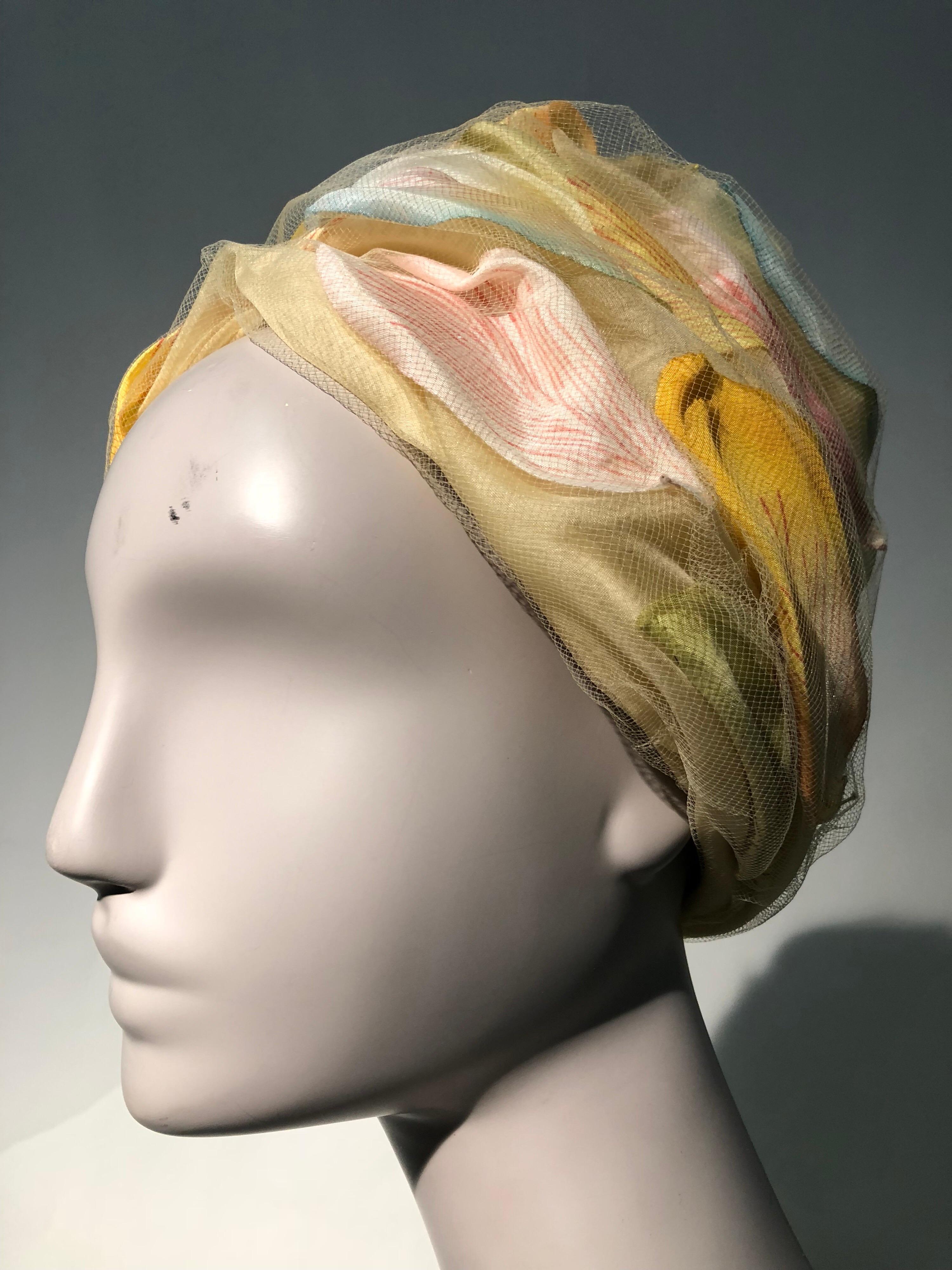 1960s Christian Dior Pale Yellow Silk Beehive Turban Hat W/ Large Pastel Petals 2