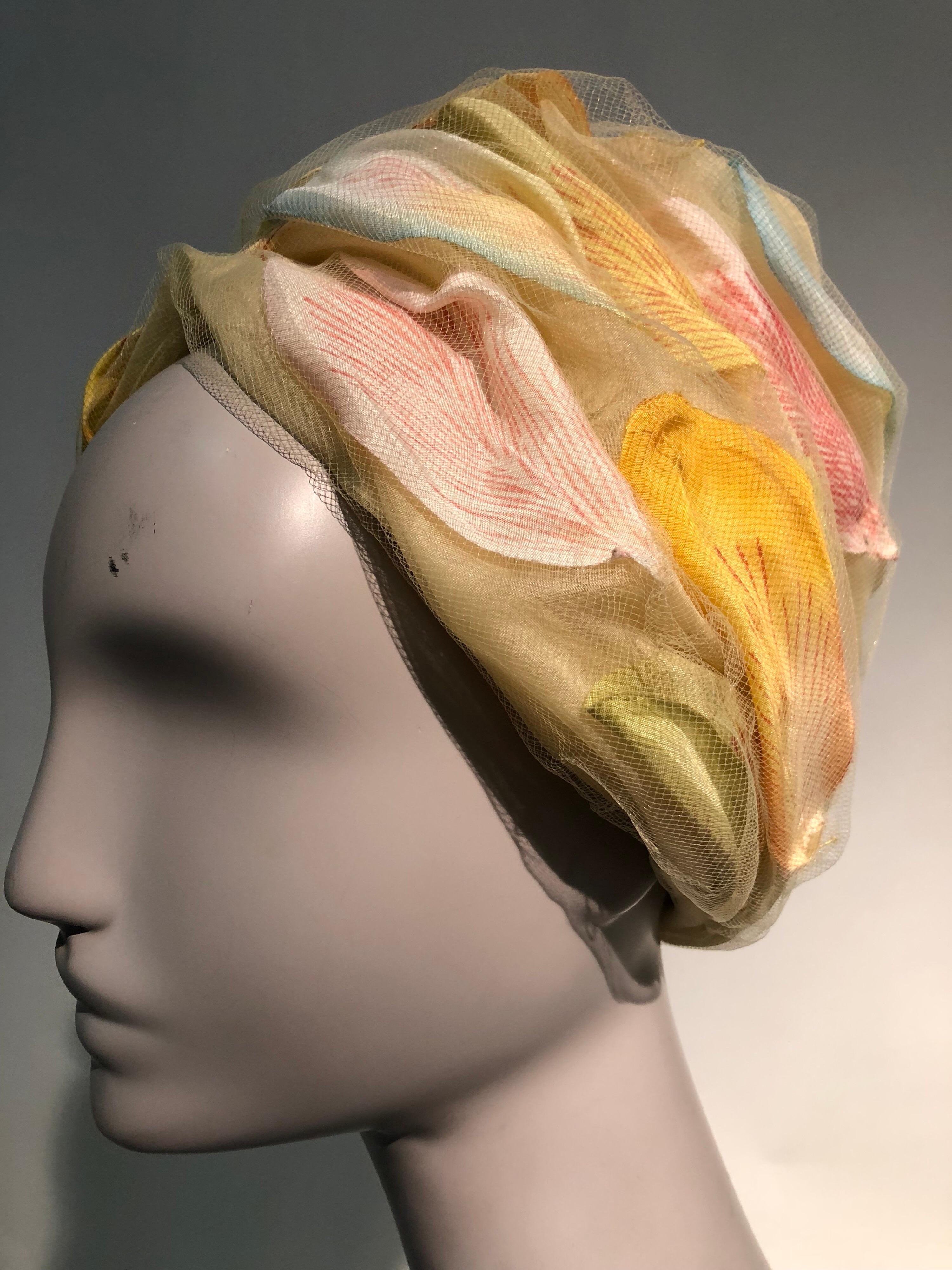 1960s Christian Dior Pale Yellow Silk Beehive Turban Hat W/ Large Pastel Petals 3