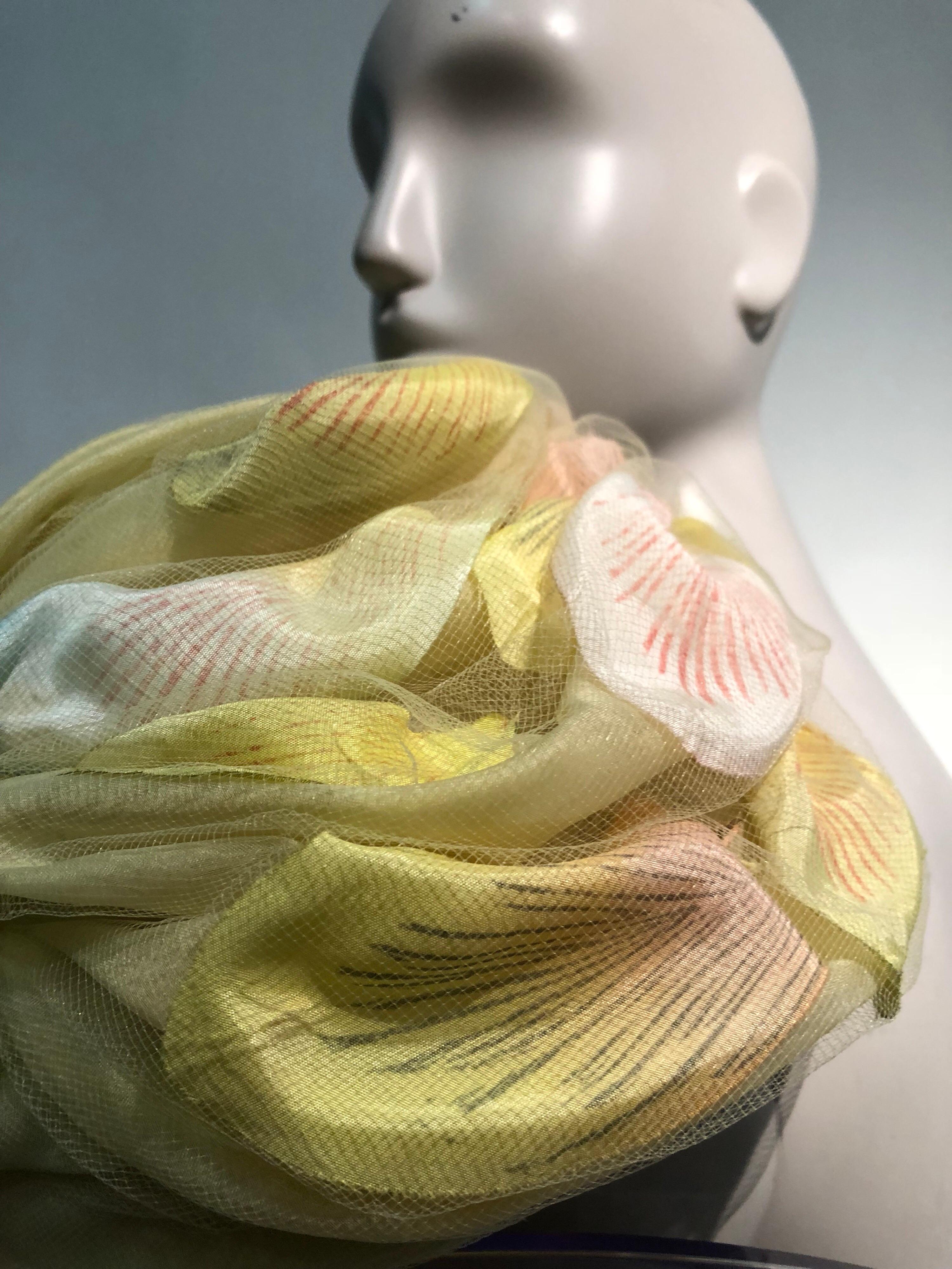 1960s Christian Dior Pale Yellow Silk Beehive Turban Hat W/ Large Pastel Petals 6