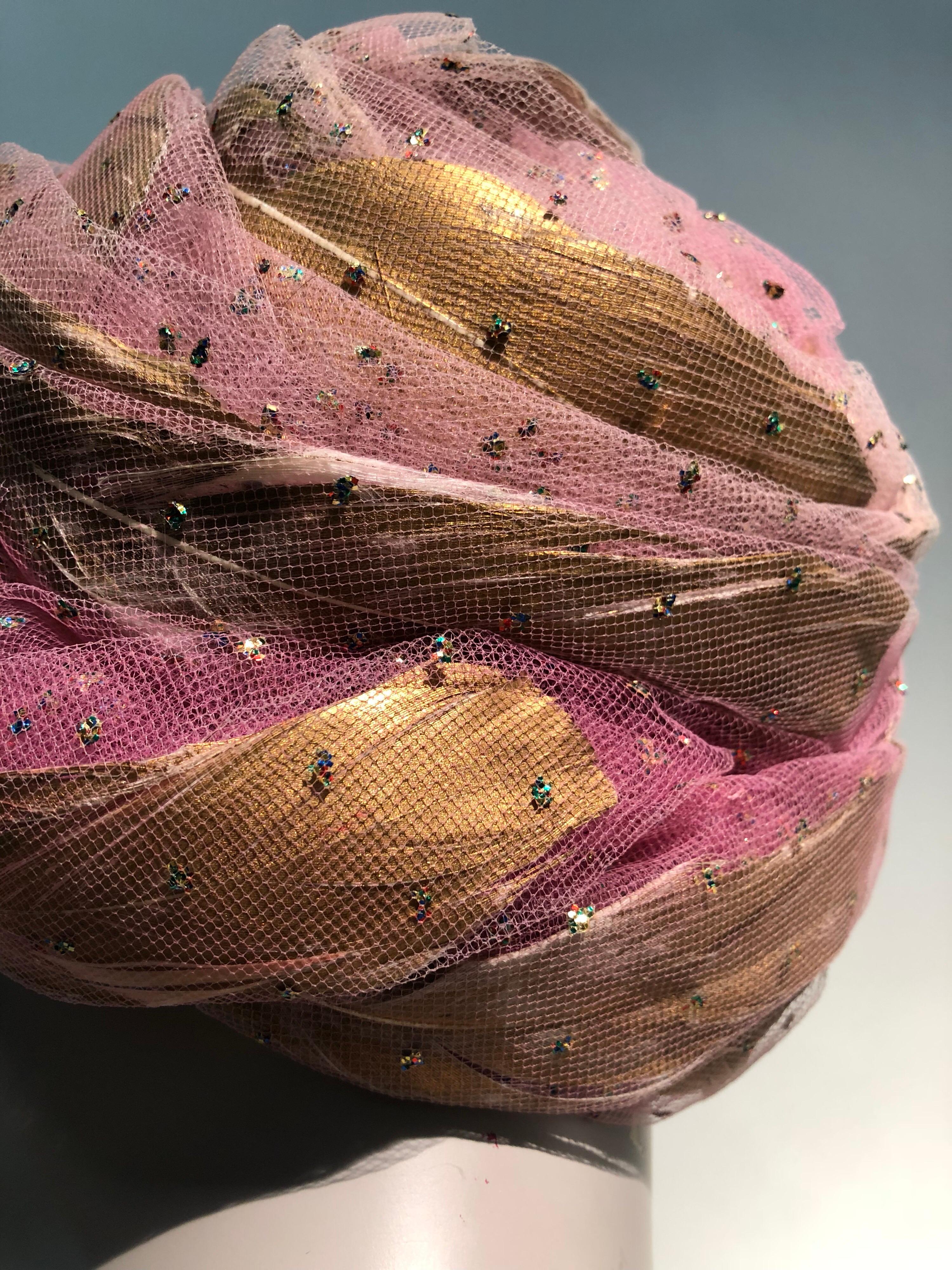 1960s Christian Dior Beeehive Turban Style Hat In Pink Tulle & Gold Feathers In Excellent Condition In Gresham, OR