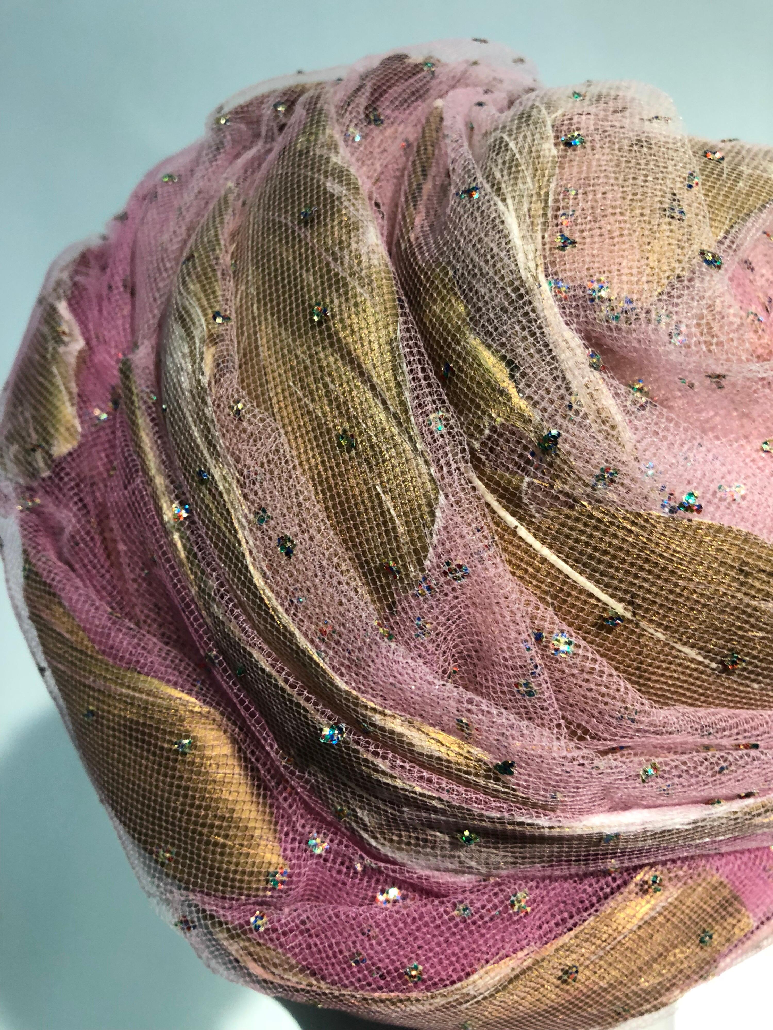 Women's 1960s Christian Dior Beeehive Turban Style Hat In Pink Tulle & Gold Feathers