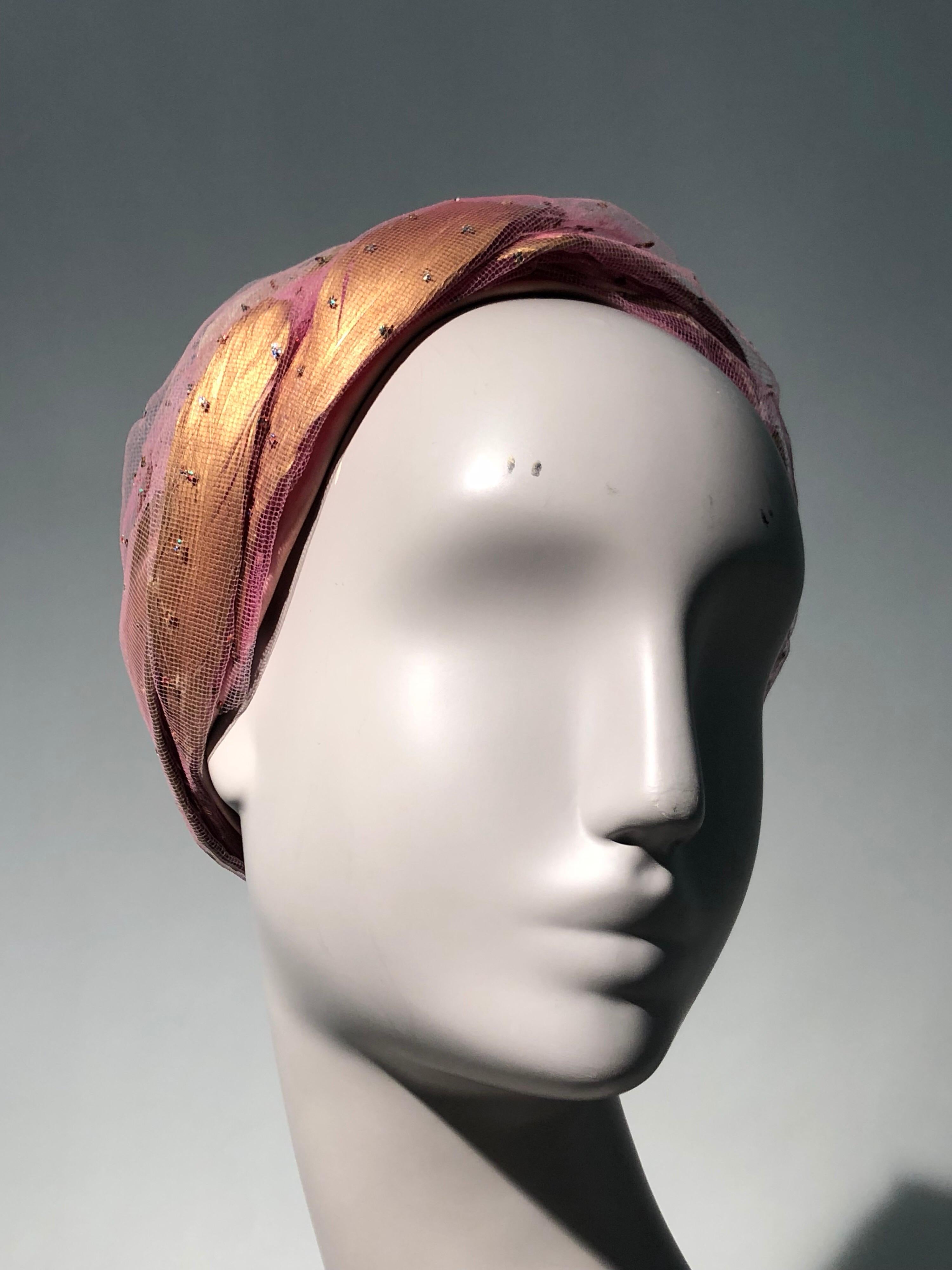 1960s Christian Dior Beeehive Turban Style Hat In Pink Tulle & Gold Feathers 1