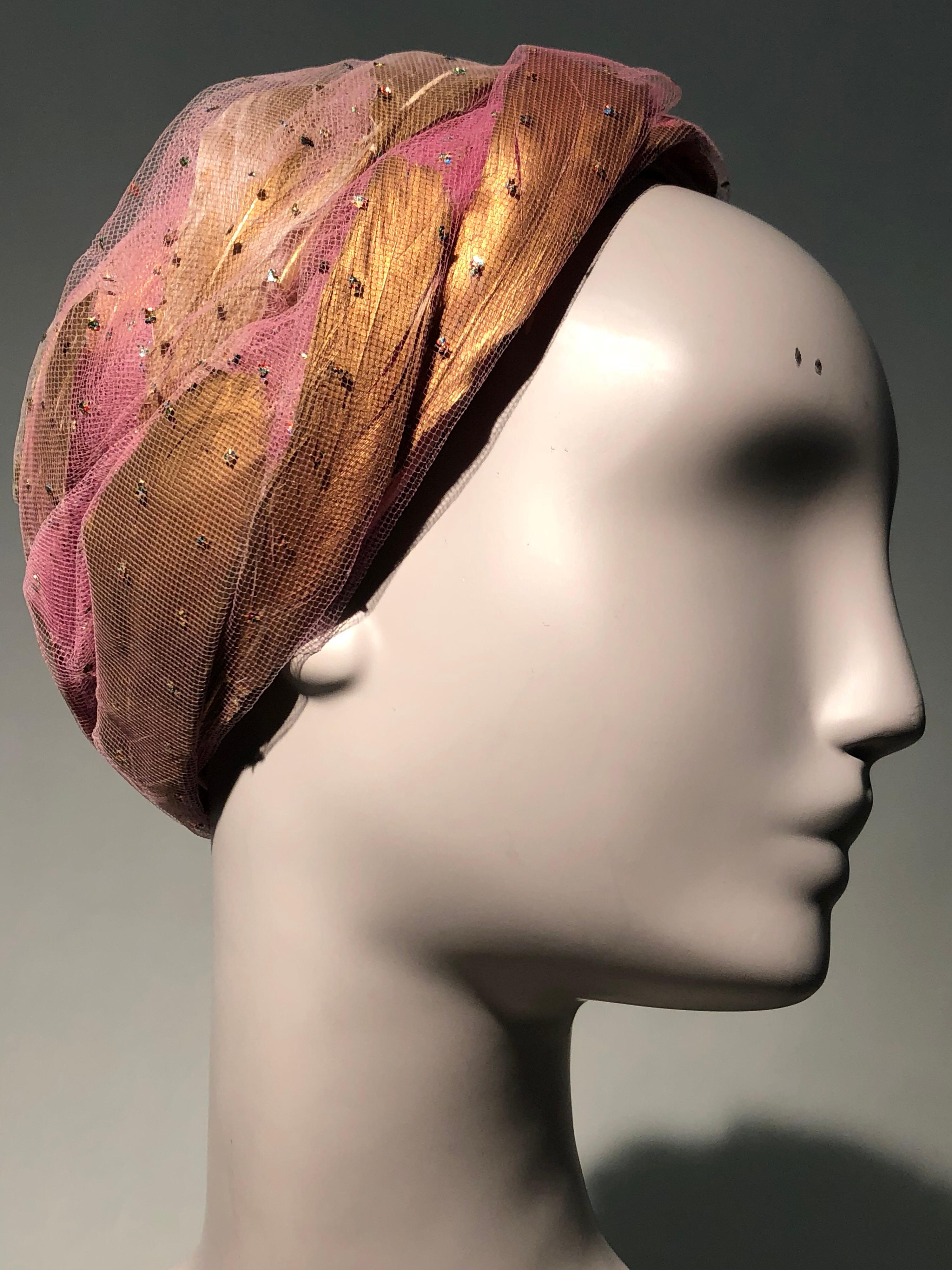 1960s Christian Dior Beeehive Turban Style Hat In Pink Tulle & Gold Feathers 2