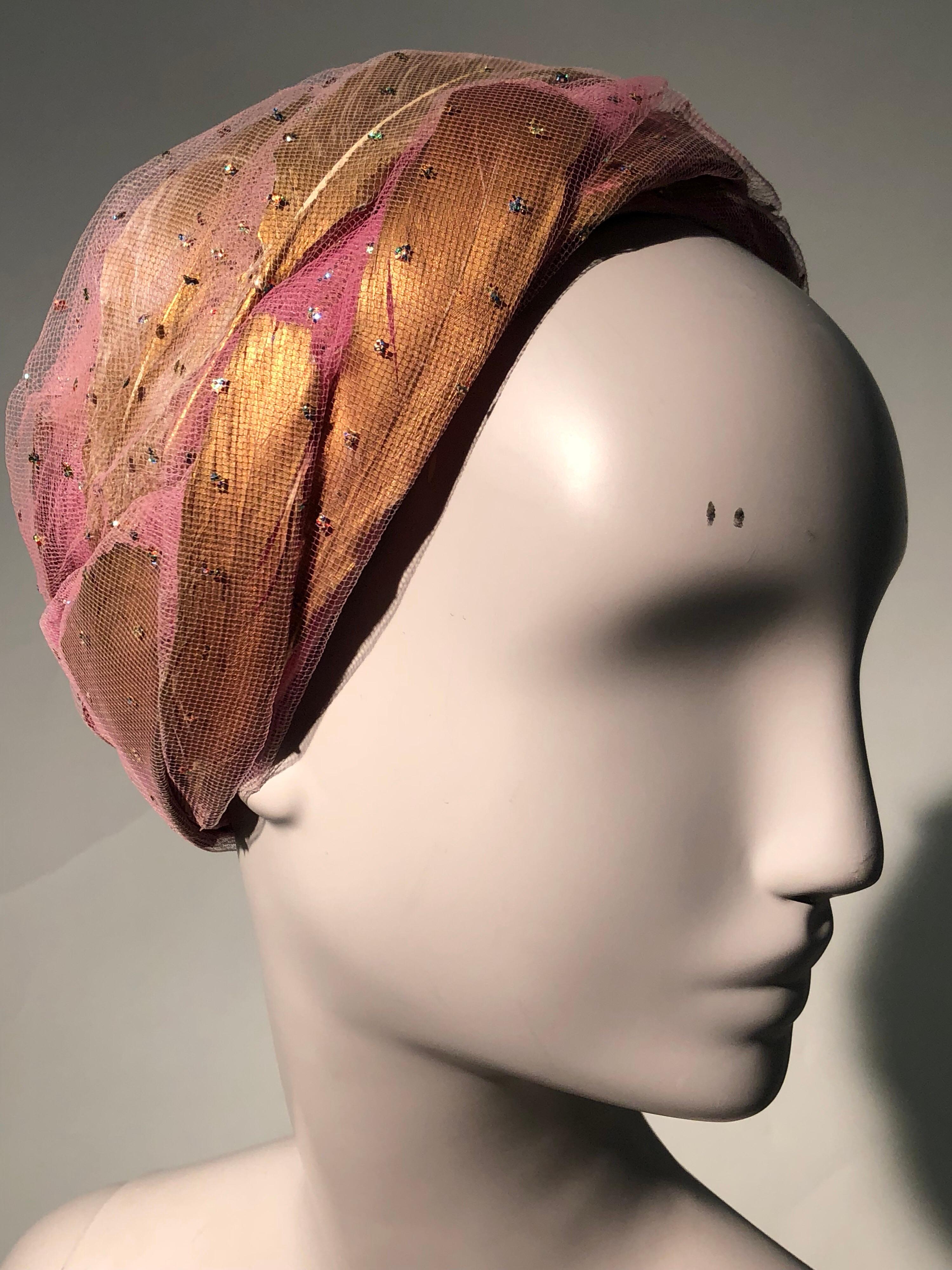 1960s Christian Dior Beeehive Turban Style Hat In Pink Tulle & Gold Feathers 3