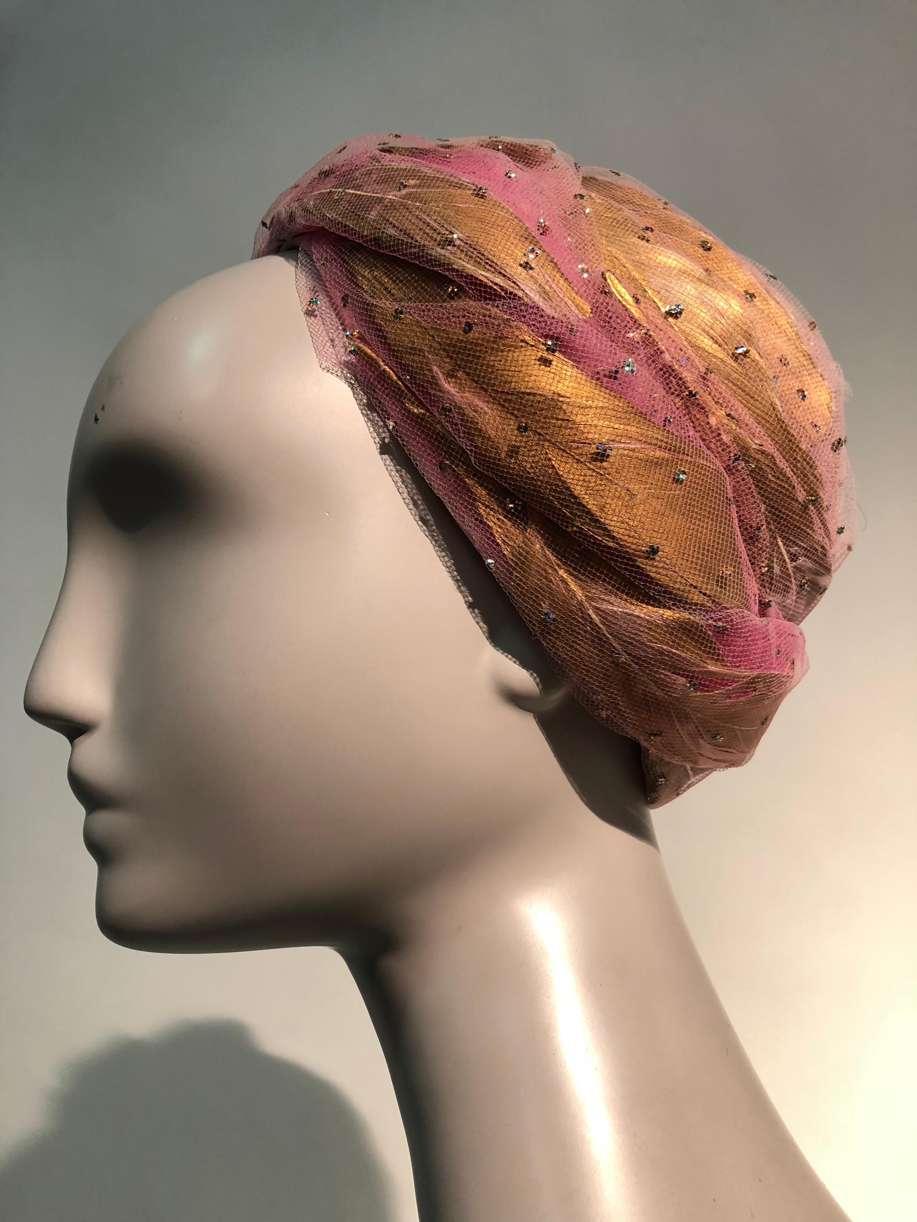 1960s Christian Dior Beeehive Turban Style Hat In Pink Tulle & Gold Feathers 6