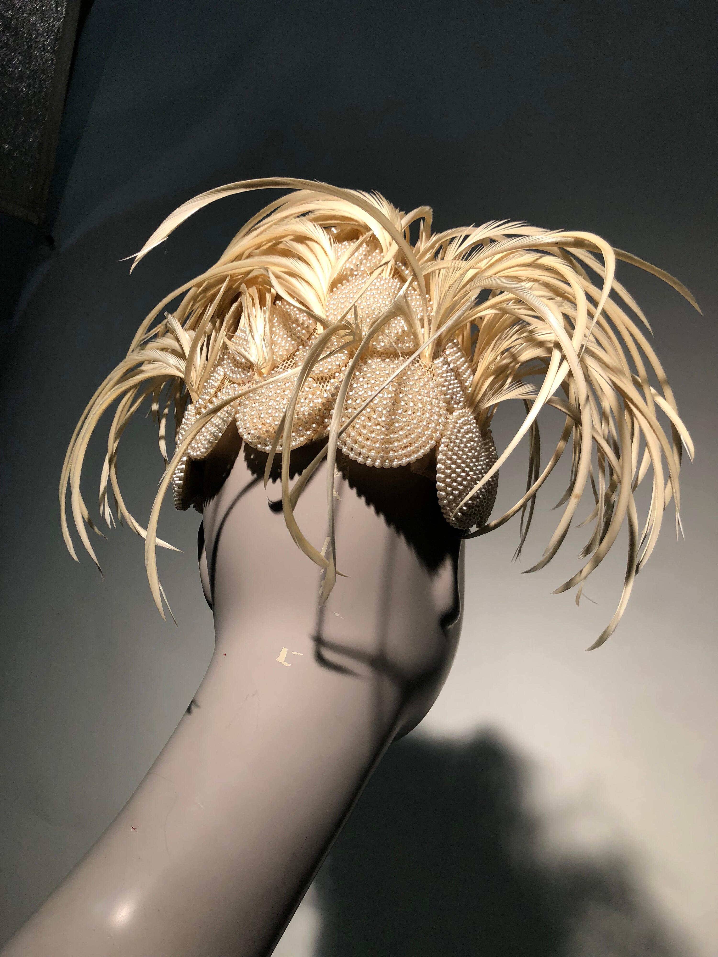 1950s Bes-Ben Ivory Feather & Pearl Medallion Cocktail Hat For Sale 3