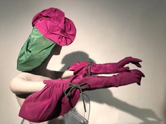Rare 1940s Sally Victor Fuchsia & Green Hat & Opera Glove Ensemble