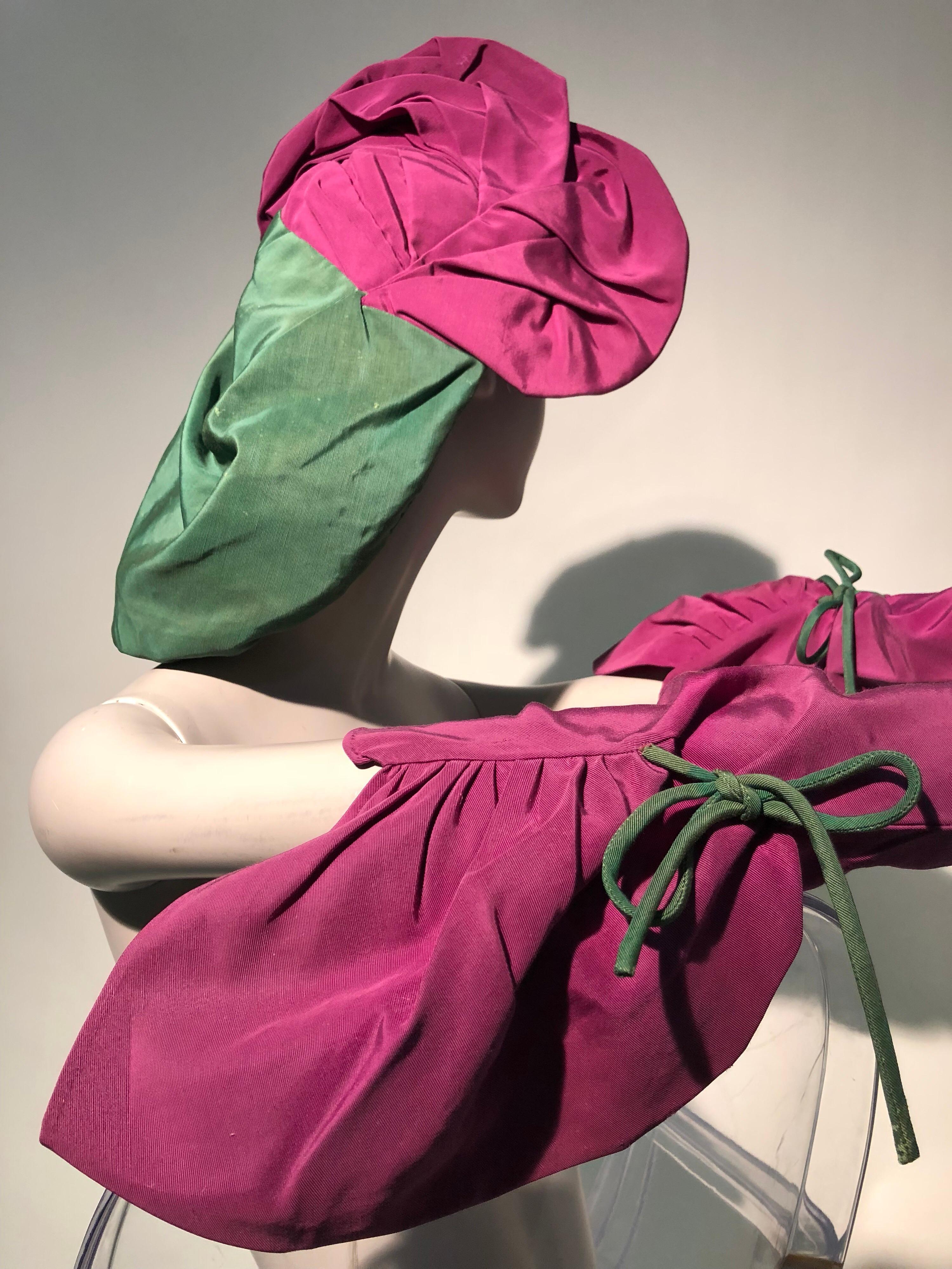 Rare 1940s Sally Victor Fuchsia & Green Hat & Opera Glove Ensemble For Sale 2