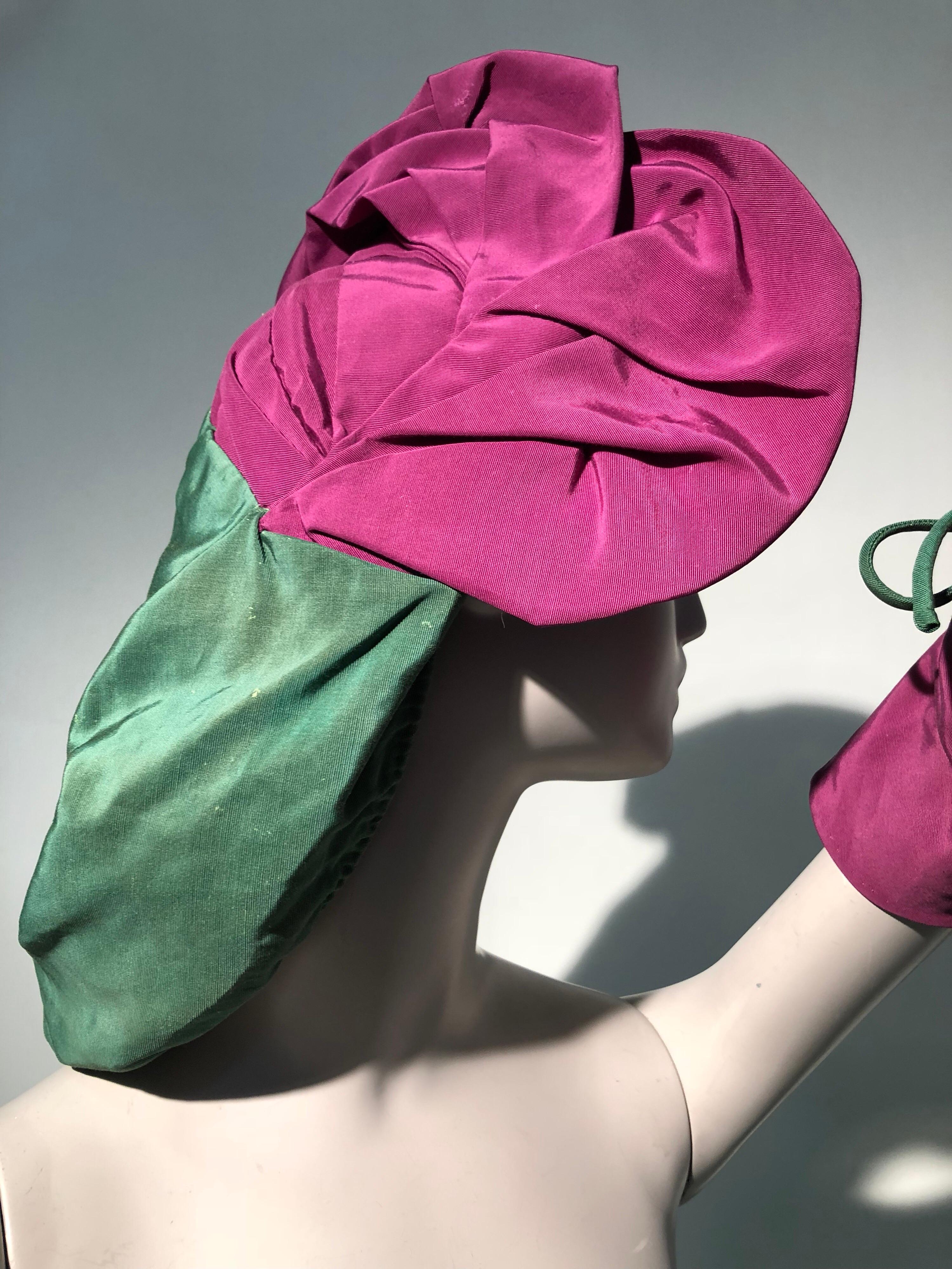 Rare 1940s Sally Victor Fuchsia & Green Hat & Opera Glove Ensemble For Sale 6