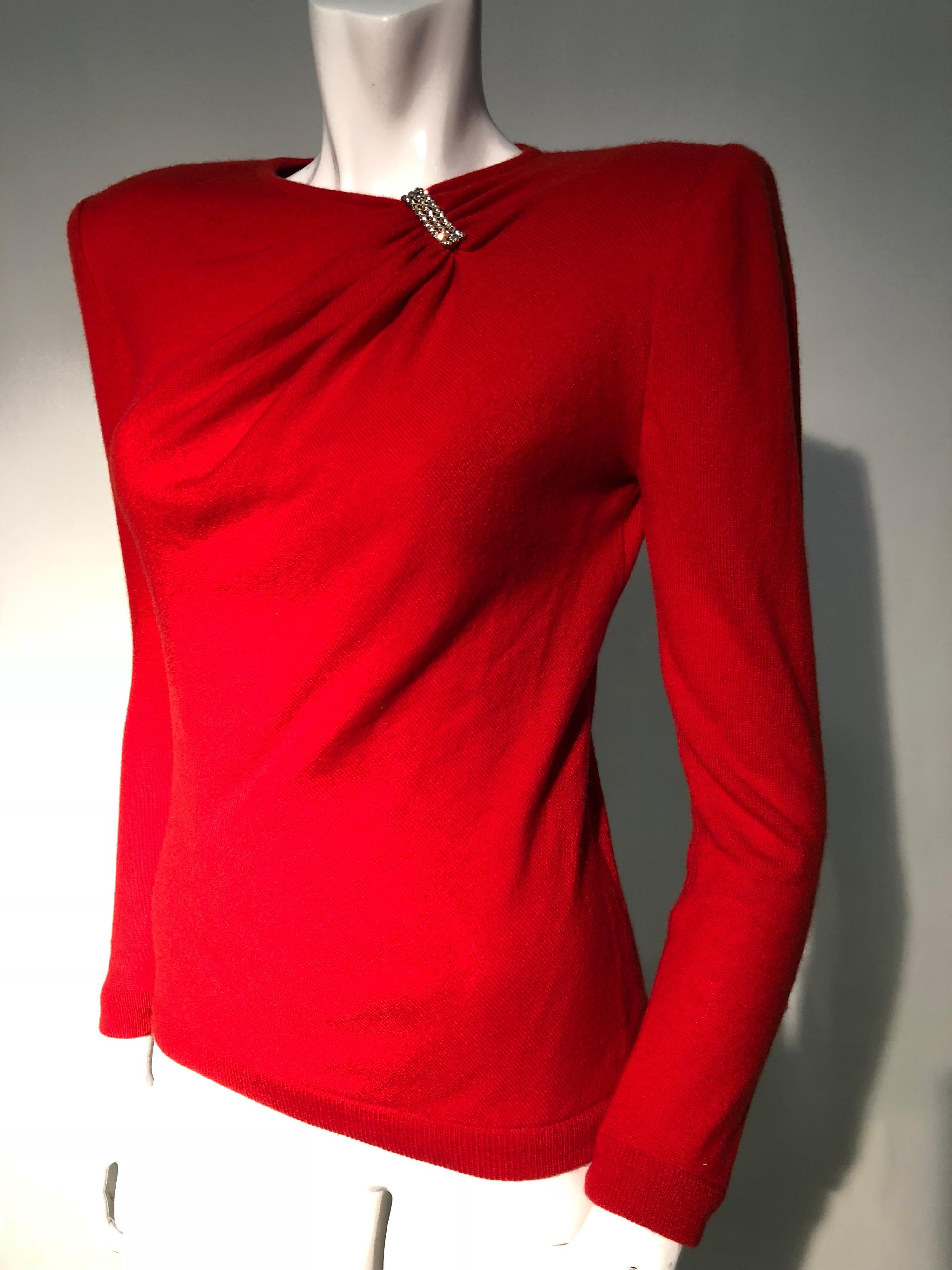 1980s Valentine Red Wool Knit Top W/ Structured Shoulders & Rhinestone Detail In Excellent Condition In Gresham, OR