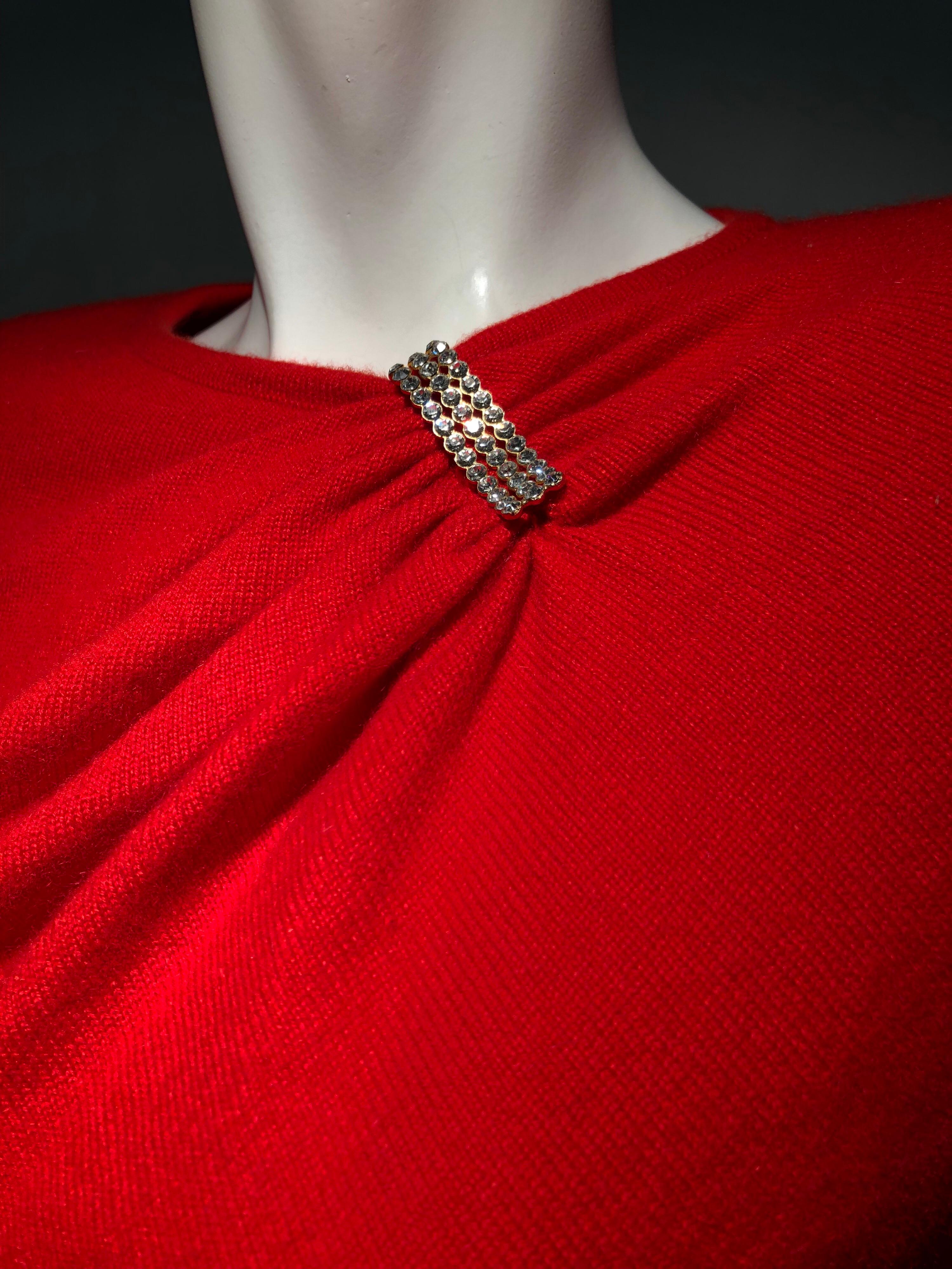 1980s Valentine Red Wool Knit Top W/ Structured Shoulders & Rhinestone Detail 1