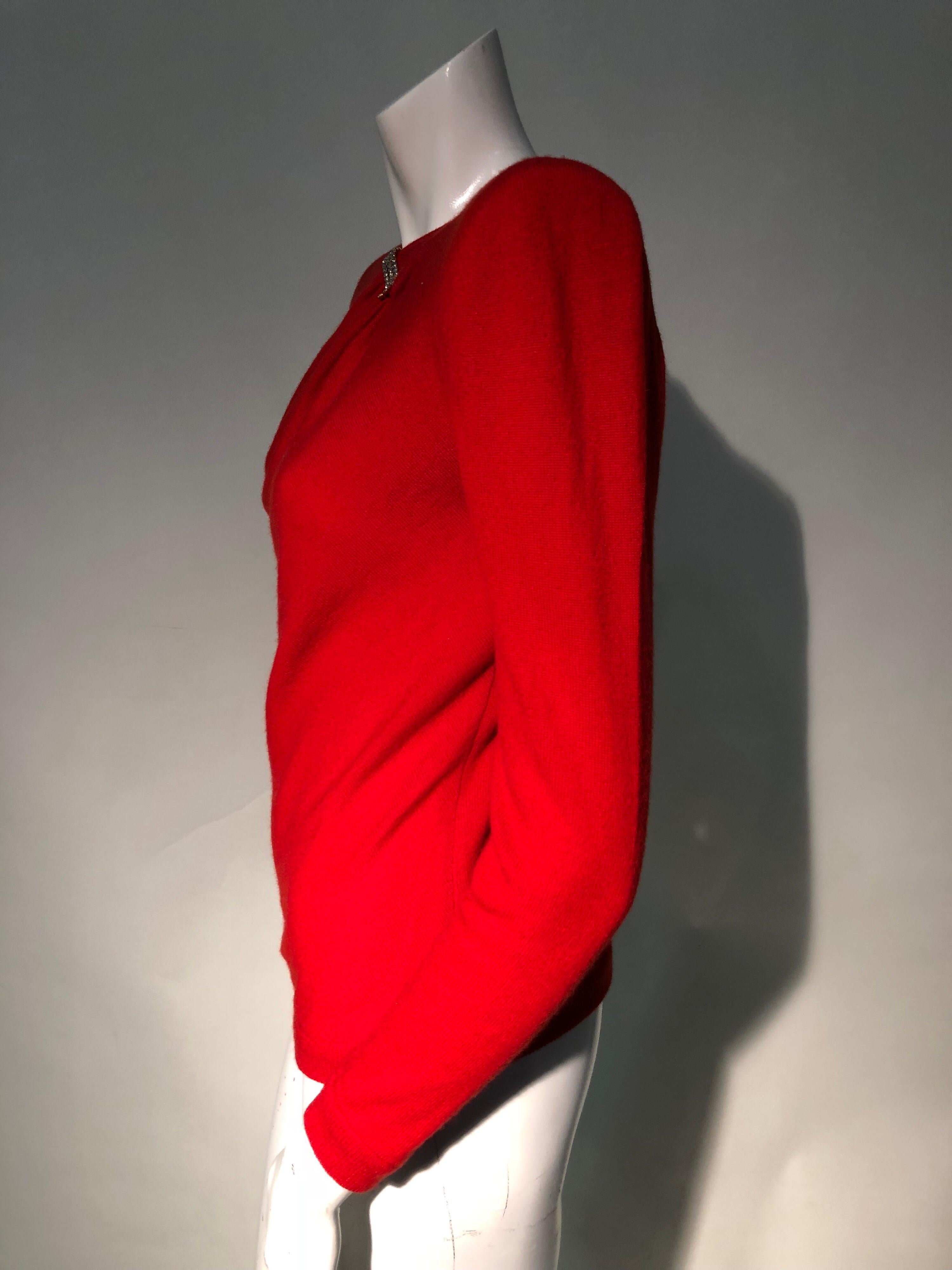 1980s Valentine Red Wool Knit Top W/ Structured Shoulders & Rhinestone Detail 2