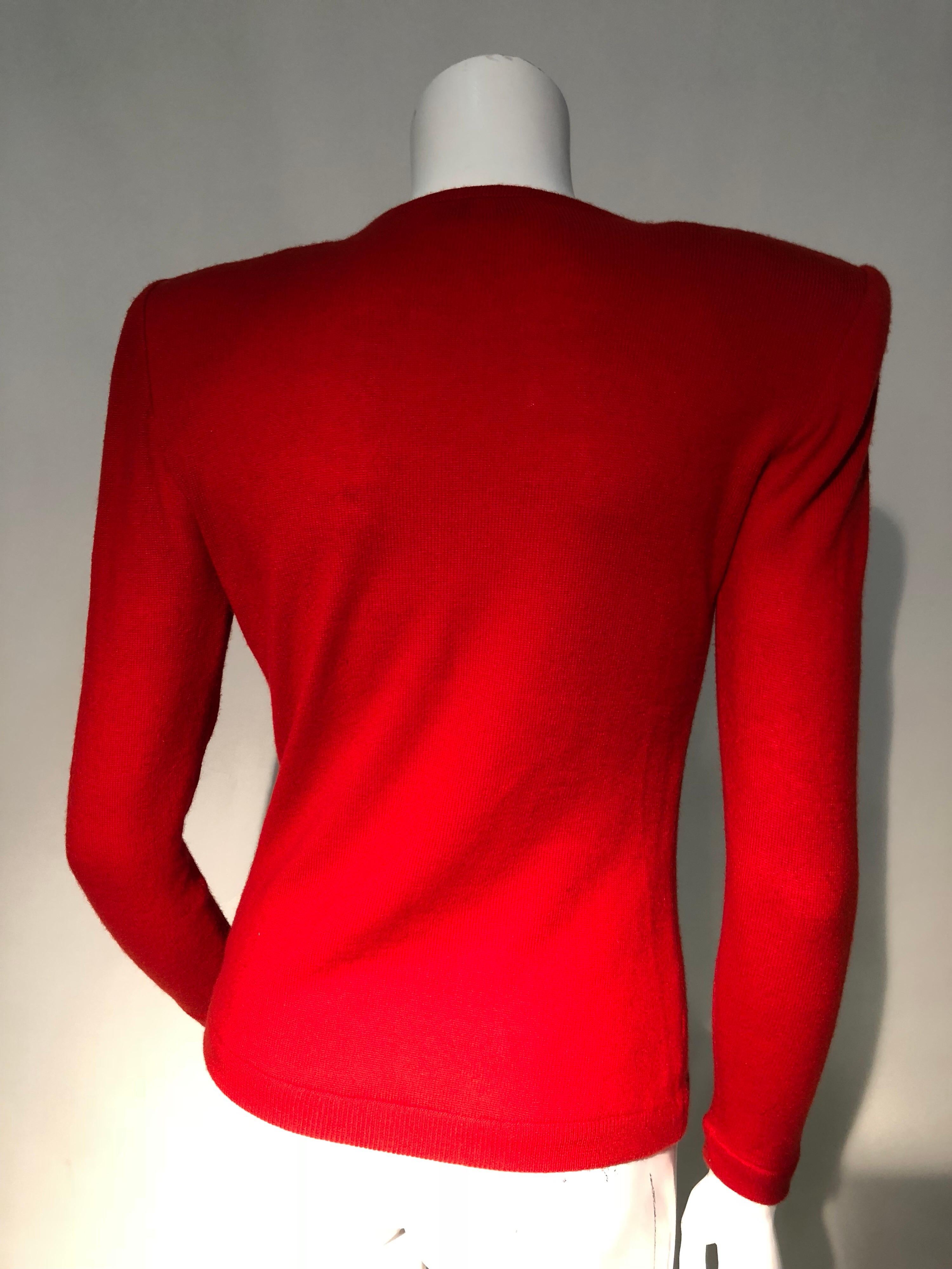 1980s Valentine Red Wool Knit Top W/ Structured Shoulders & Rhinestone Detail 3