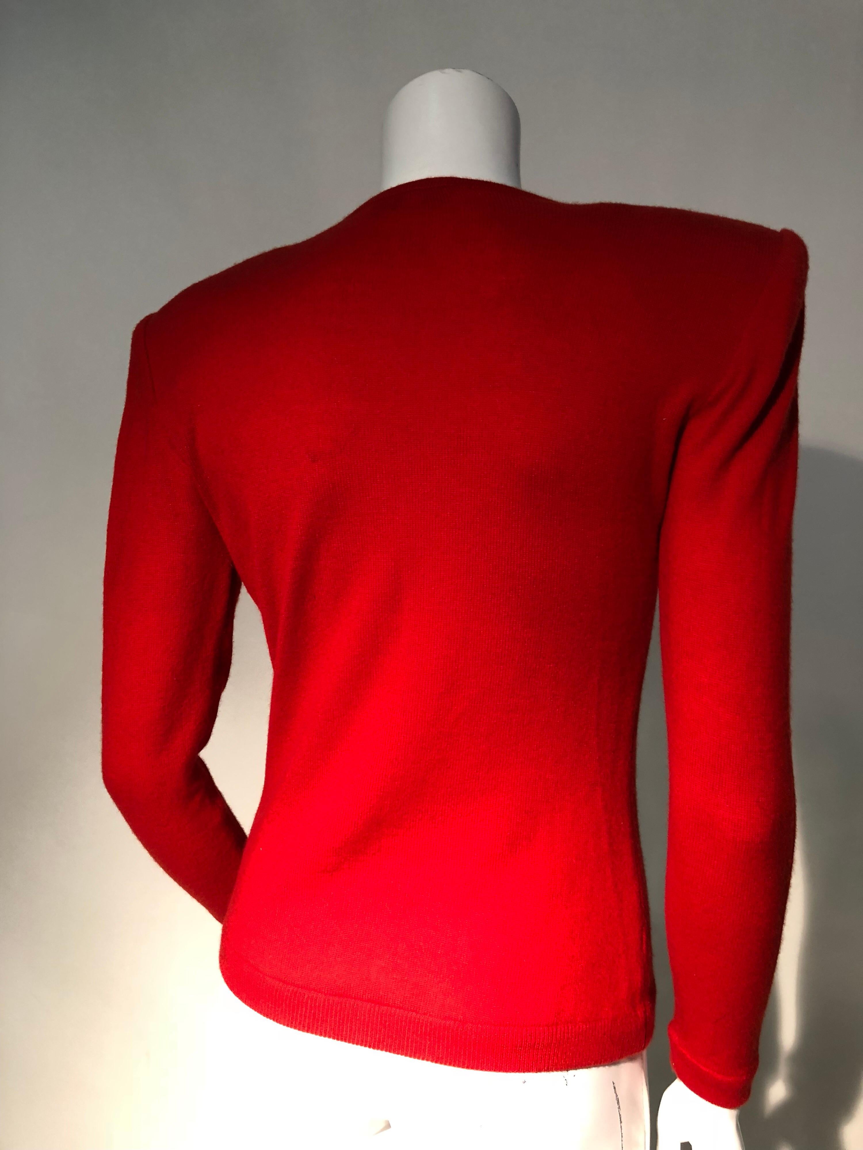 1980s Valentine Red Wool Knit Top W/ Structured Shoulders & Rhinestone Detail 4
