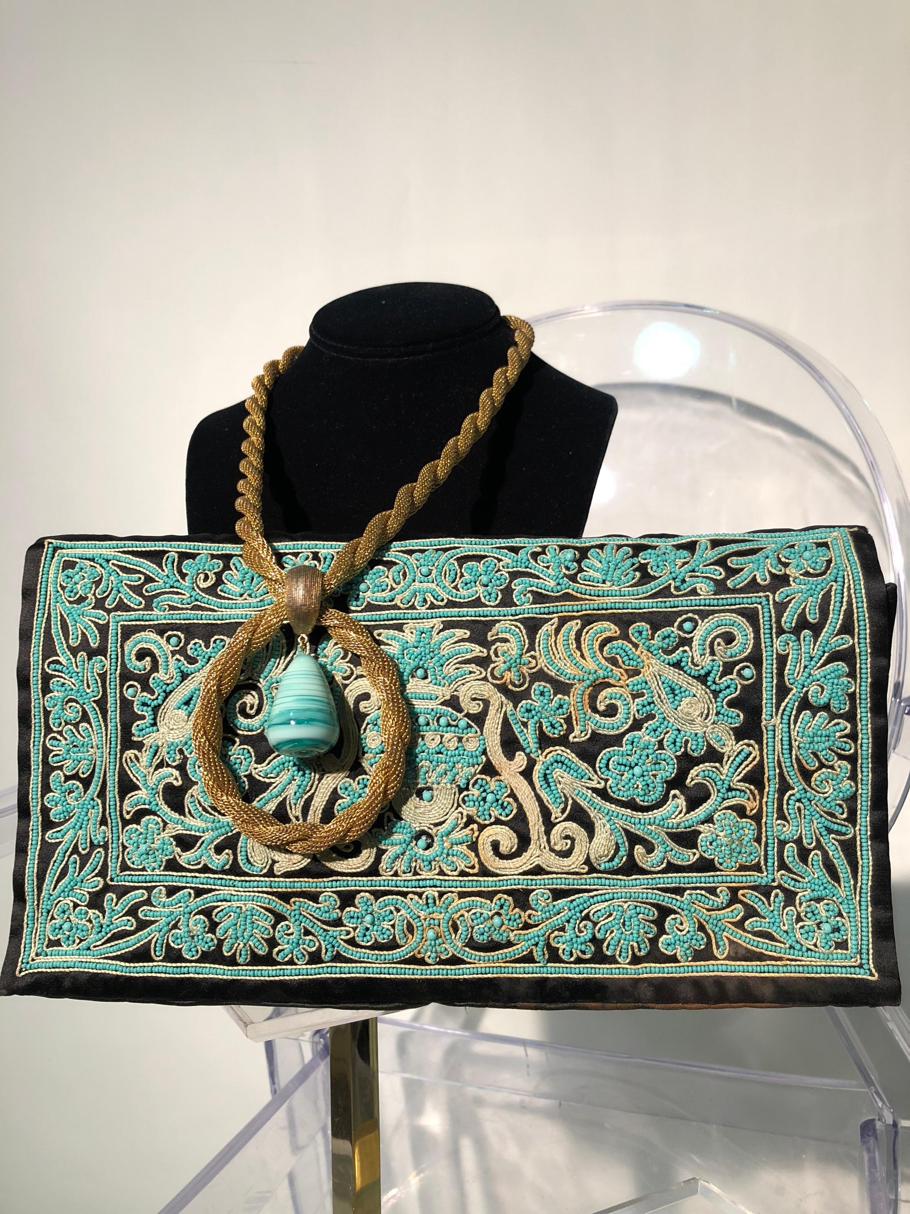 1940s Henry Rosenfeld Turquoise & Gold Embroidered Envelope Clutch W/ Necklace  In Excellent Condition In Gresham, OR