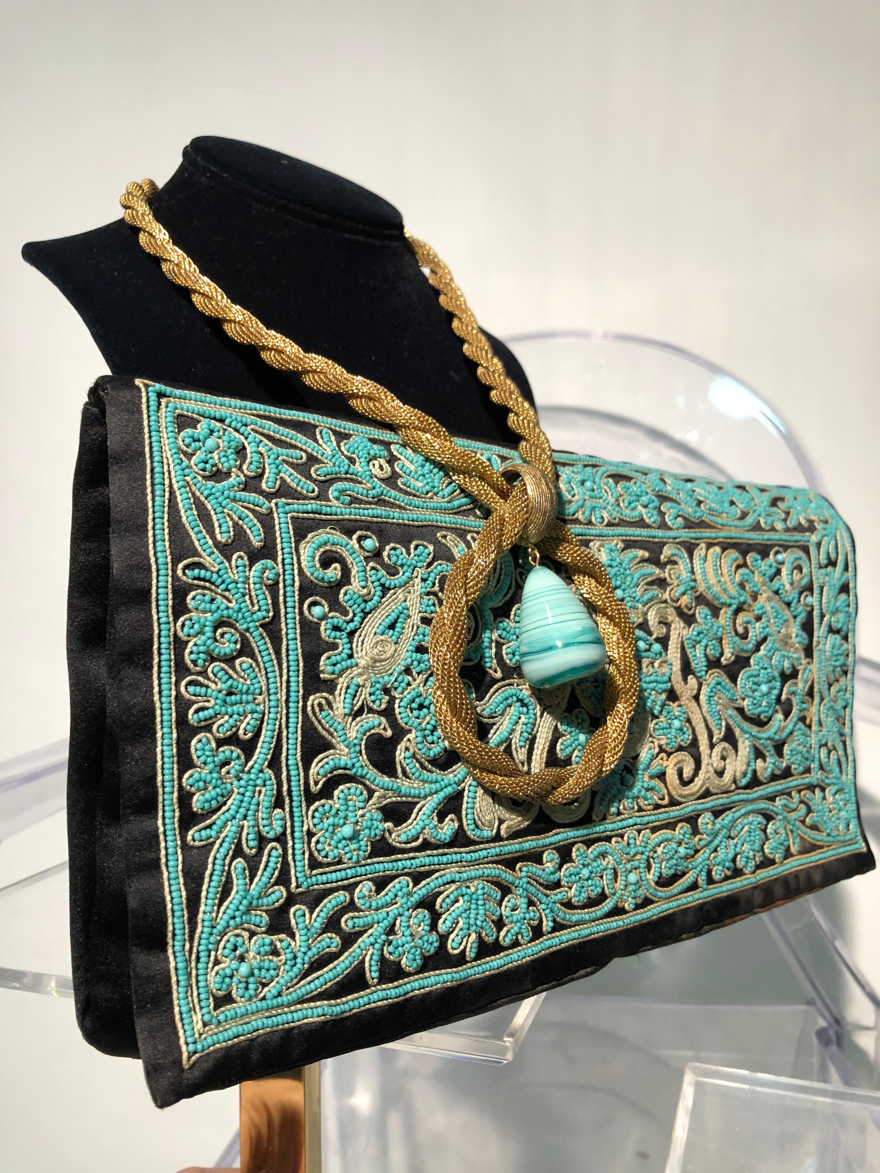 Women's 1940s Henry Rosenfeld Turquoise & Gold Embroidered Envelope Clutch W/ Necklace 