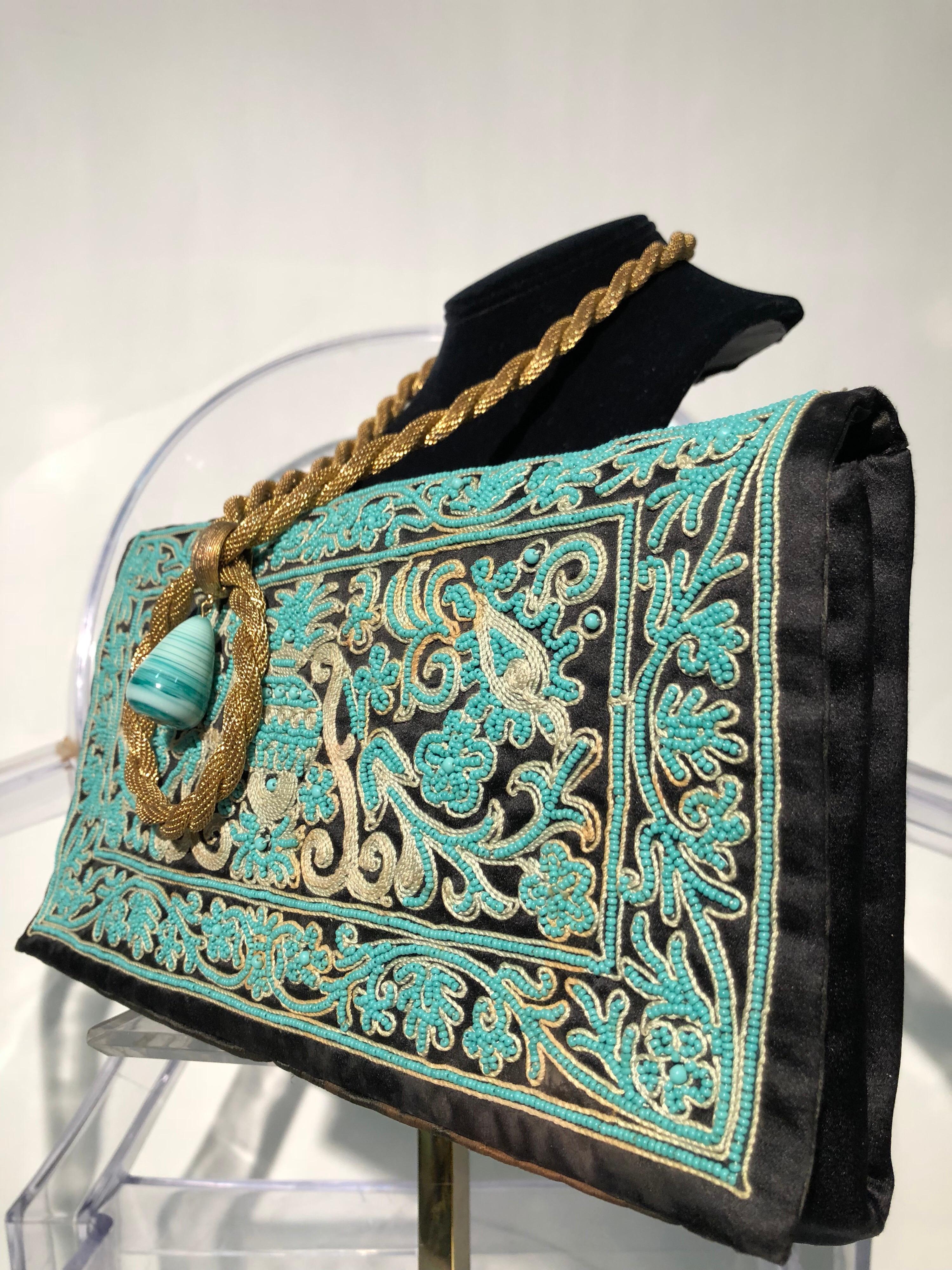 1940s Henry Rosenfeld Turquoise & Gold Embroidered Envelope Clutch W/ Necklace  1