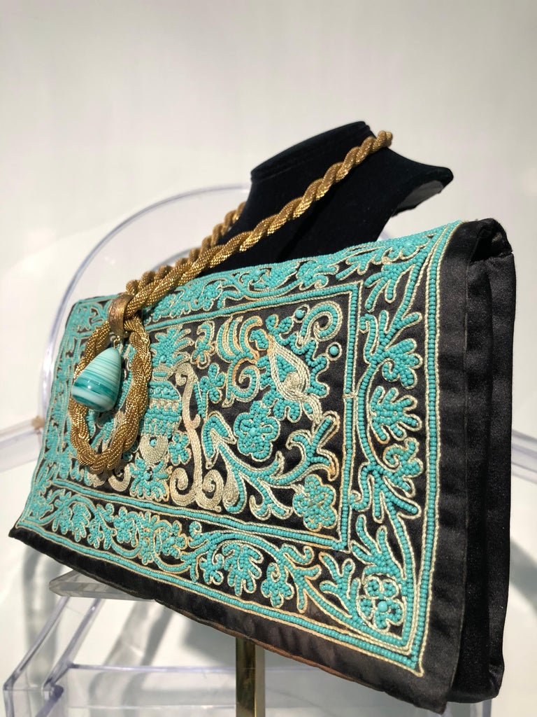1940s Henry Rosenfeld Turquoise and Gold Embroidered Envelope Clutch W ...