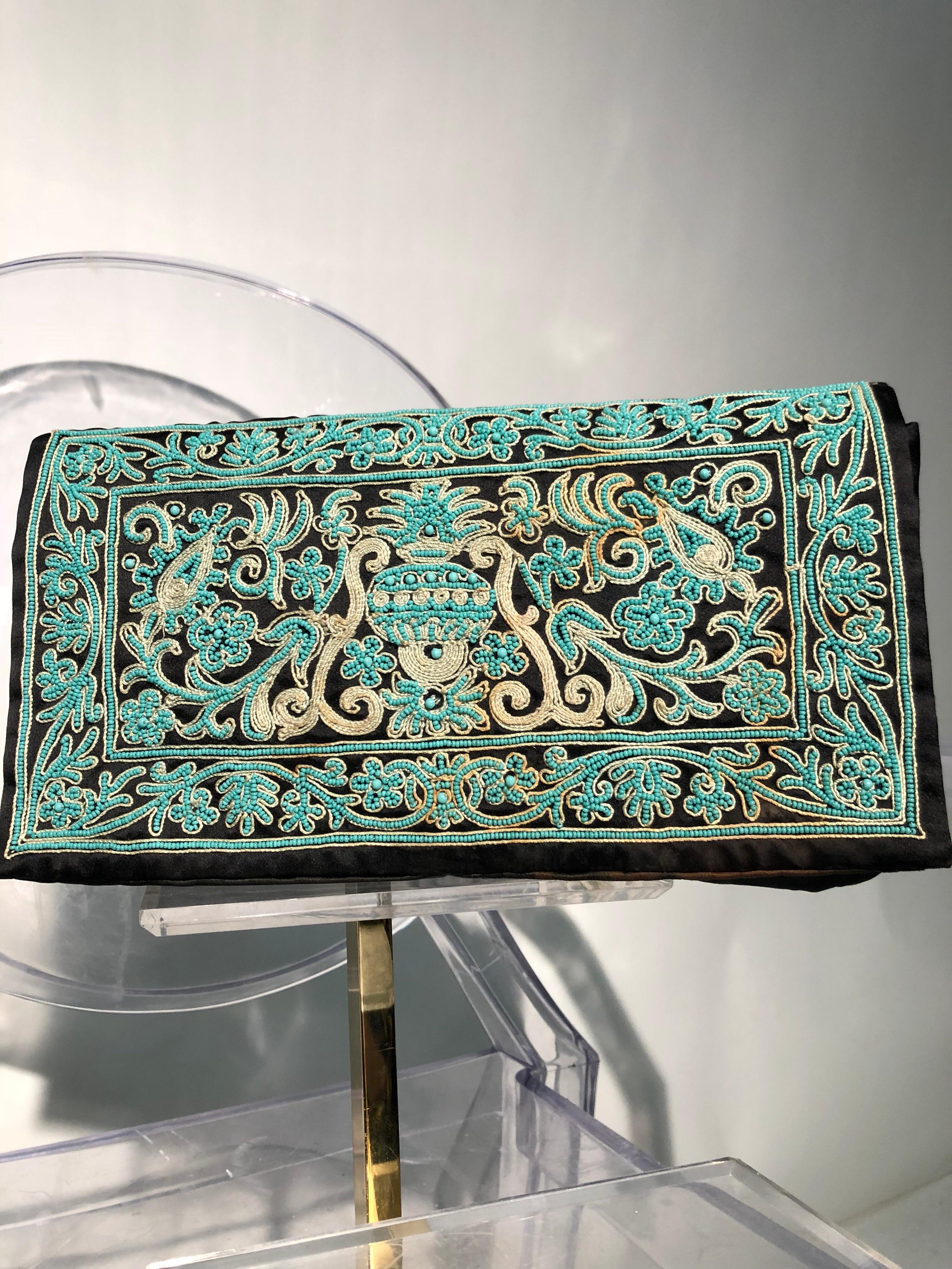 1940s Henry Rosenfeld Turquoise & Gold Embroidered Envelope Clutch W/ Necklace  2