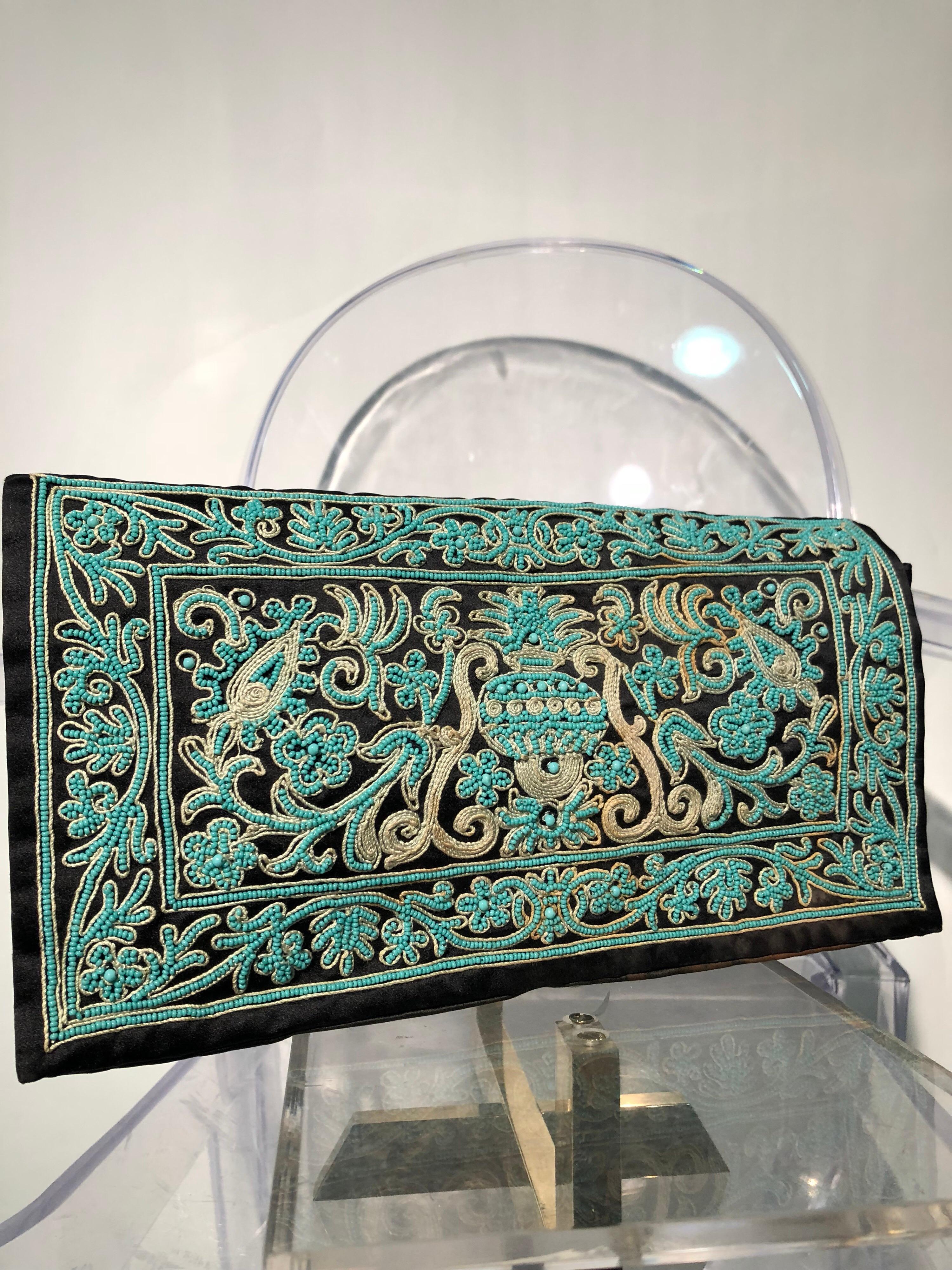 1940s Henry Rosenfeld Turquoise & Gold Embroidered Envelope Clutch W/ Necklace  3