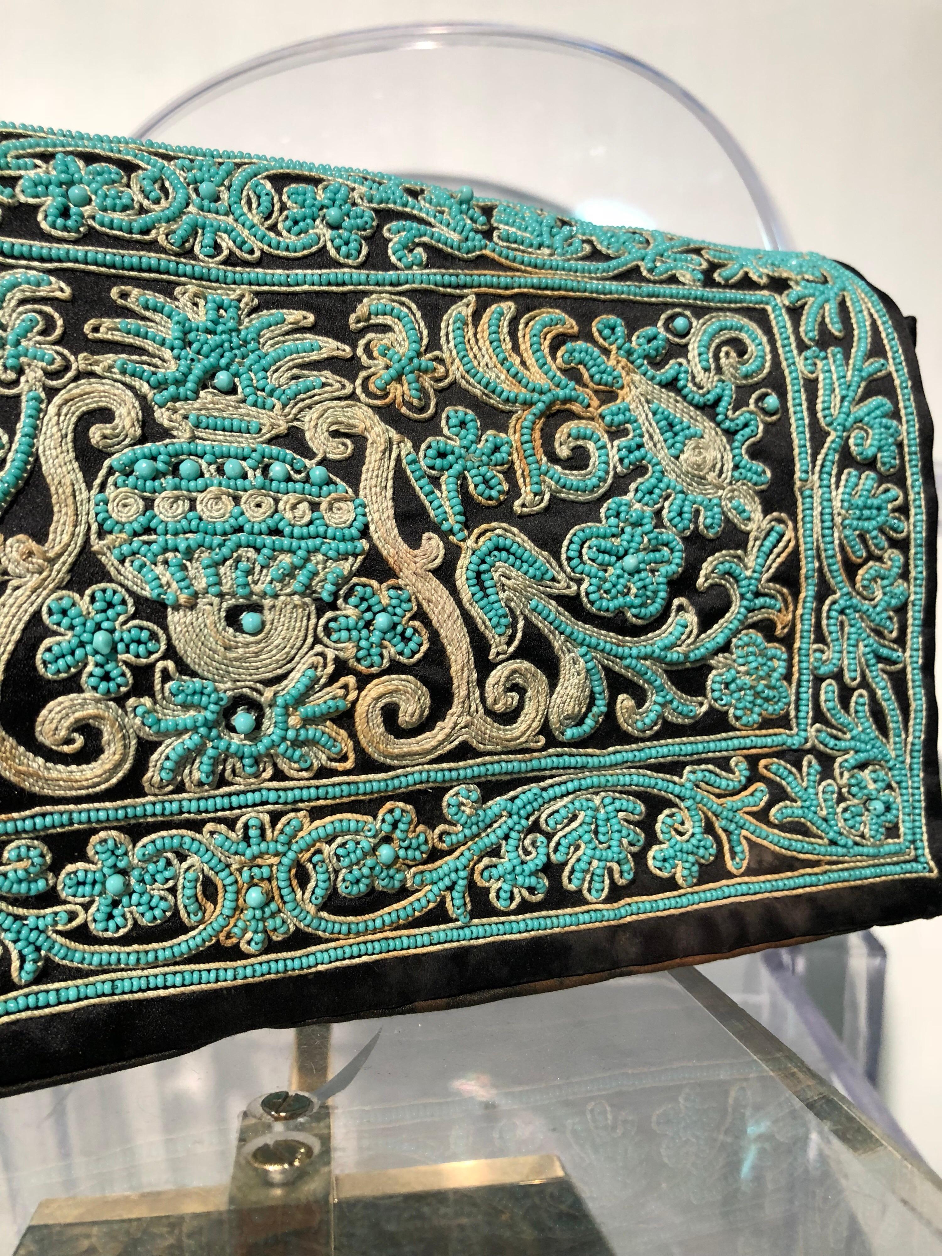 1940s Henry Rosenfeld Turquoise & Gold Embroidered Envelope Clutch W/ Necklace 4