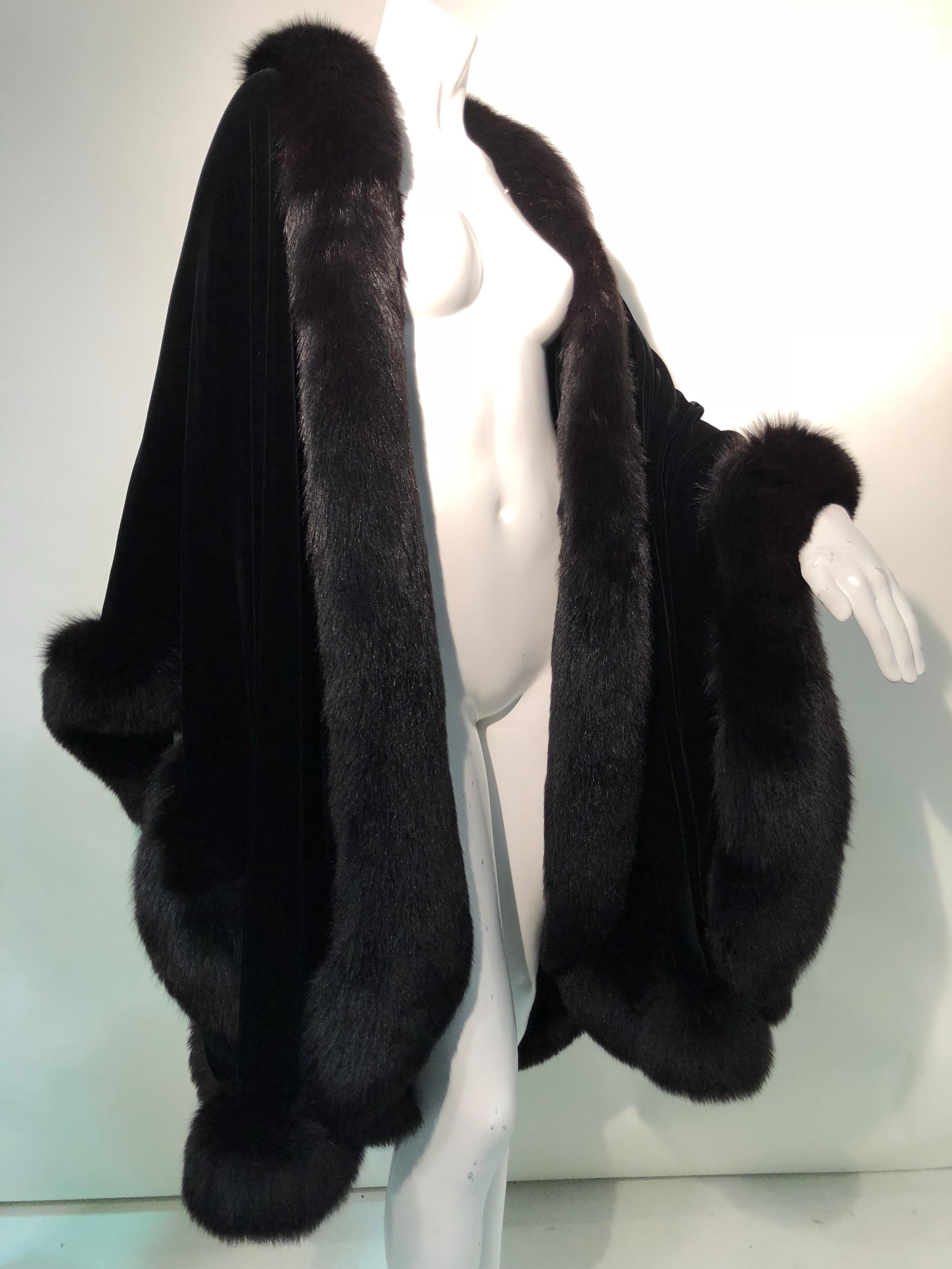 Halston Luxurious Black Silk Velvet Fox Fur Cape & Fox Fur Hat Ensemble 1