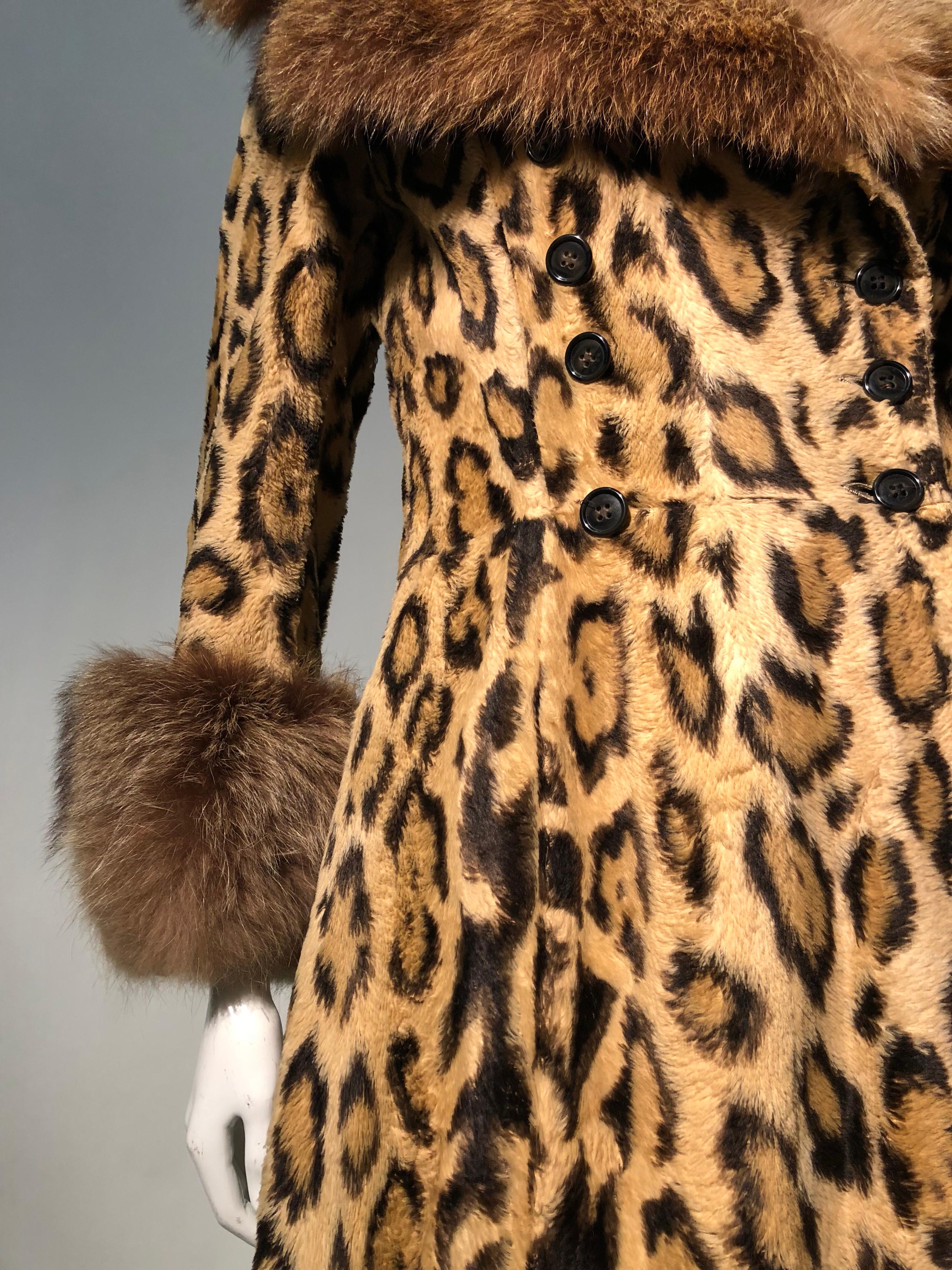 Brown 1970s Full Length Faux-Leopard Princess Coat W/ Genuine Fur Collar & Cuffs