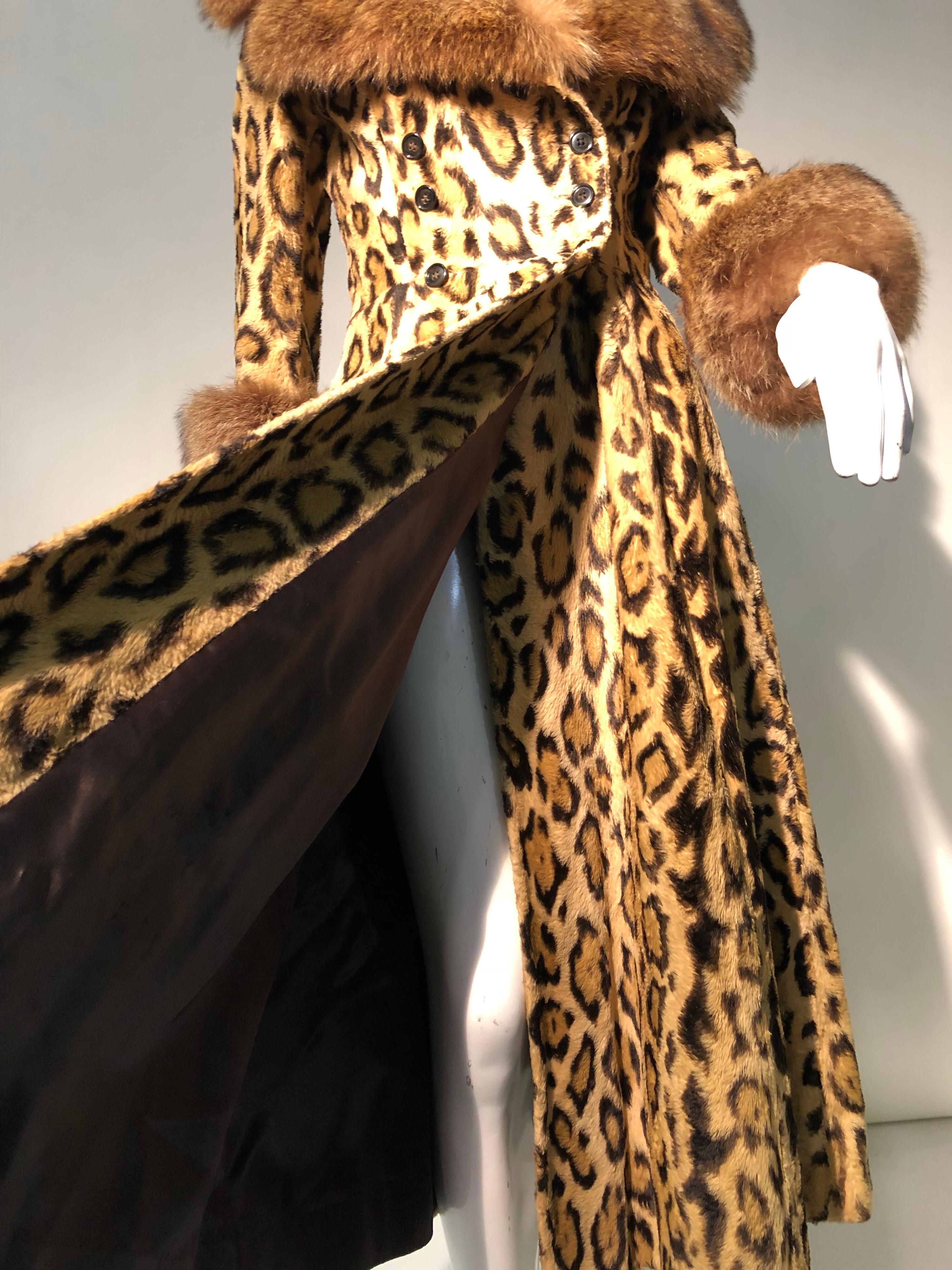 1970s Full Length Faux-Leopard Princess Coat W/ Genuine Fur Collar & Cuffs In Excellent Condition In Gresham, OR