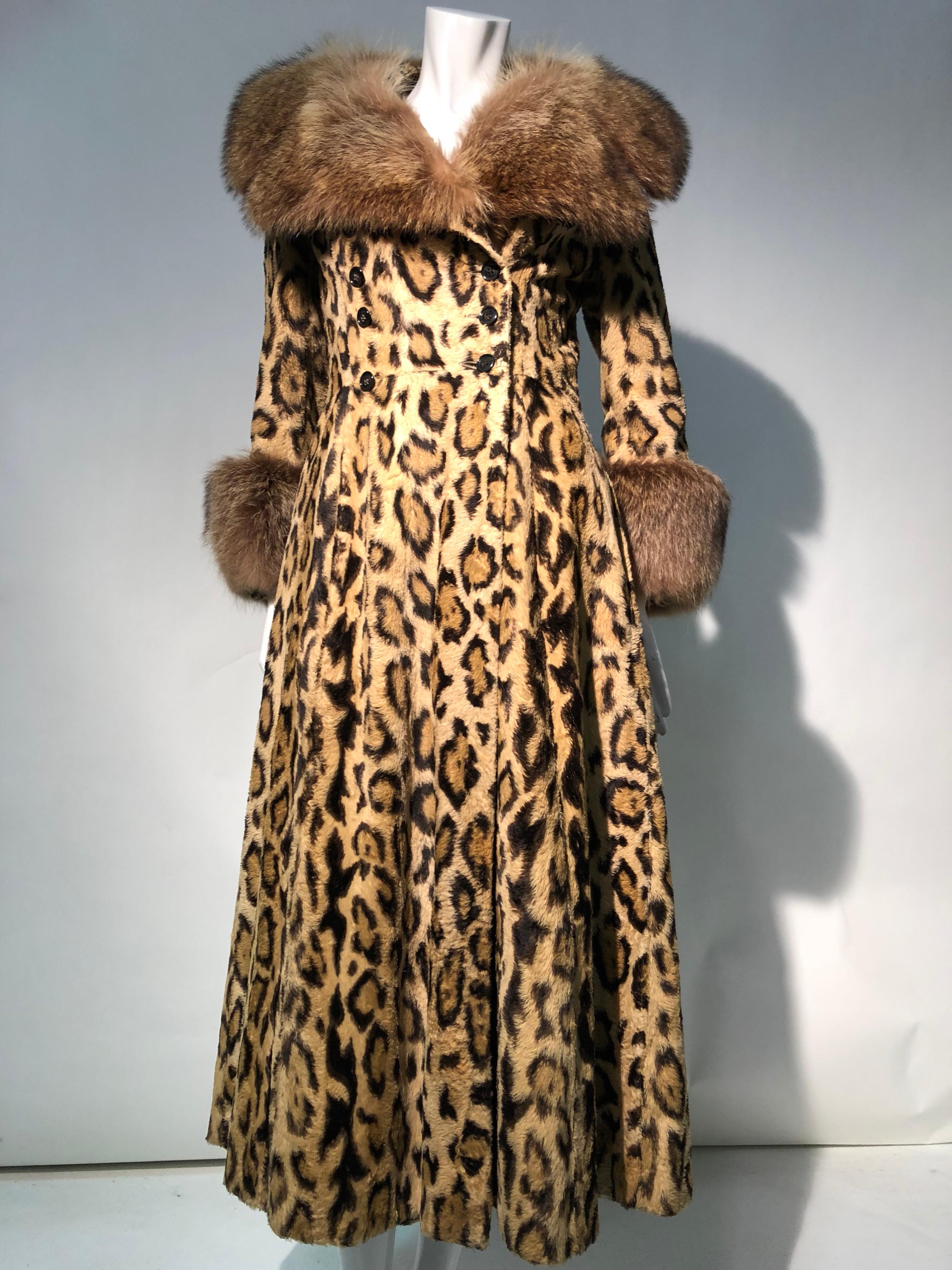 Women's 1970s Full Length Faux-Leopard Princess Coat W/ Genuine Fur Collar & Cuffs