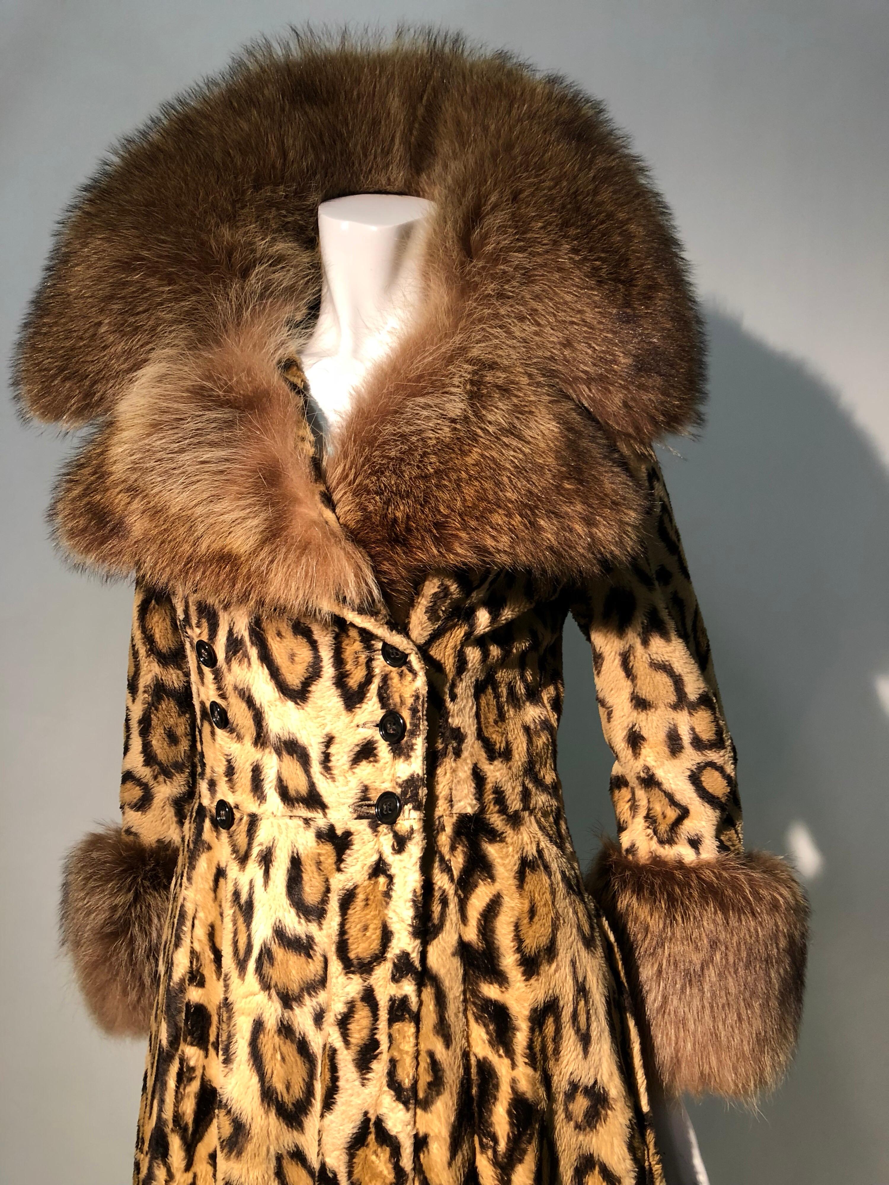 1970s Full Length Faux-Leopard Princess Coat W/ Genuine Fur Collar & Cuffs 1