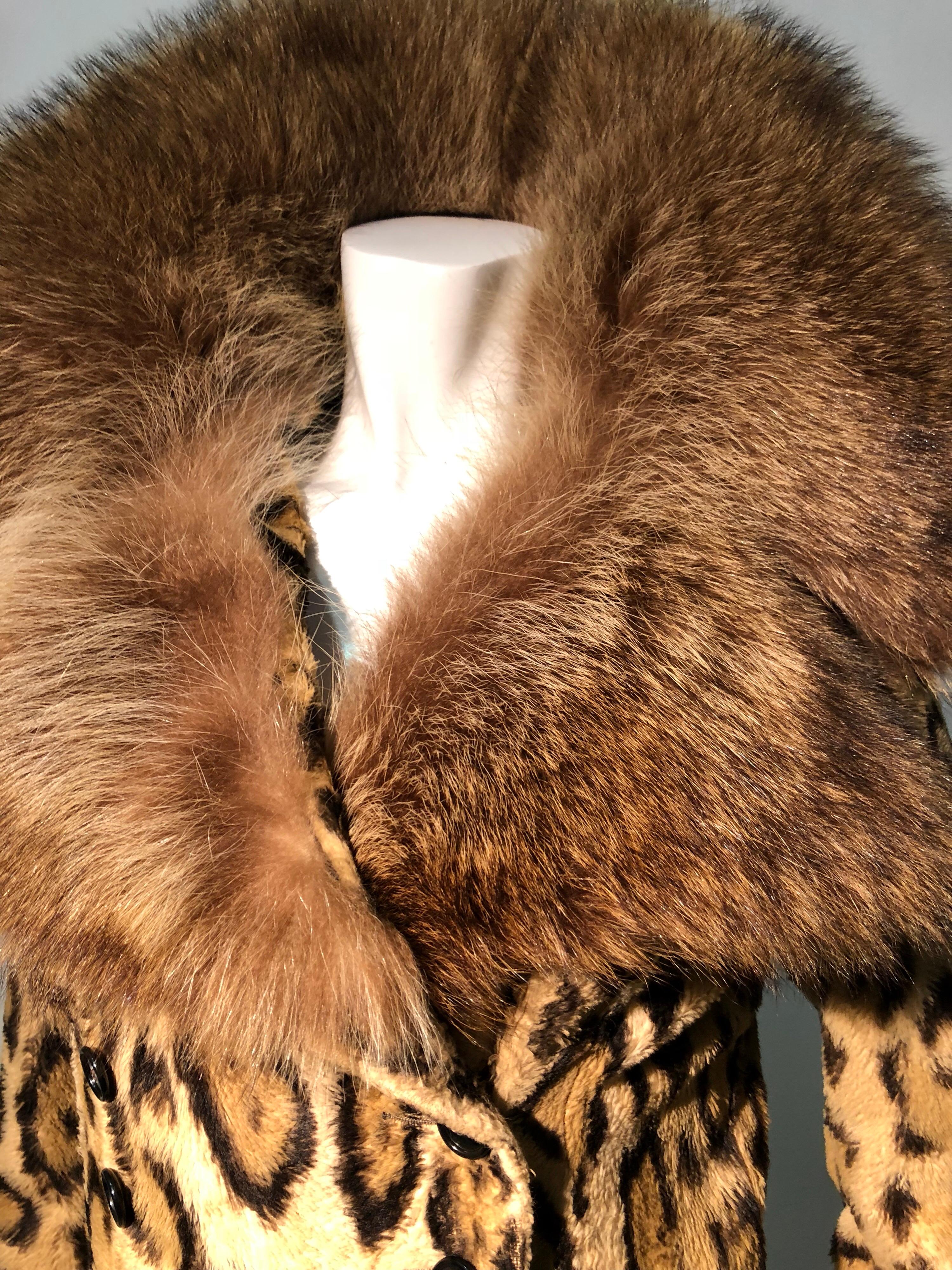 1970s Full Length Faux-Leopard Princess Coat W/ Genuine Fur Collar & Cuffs 2