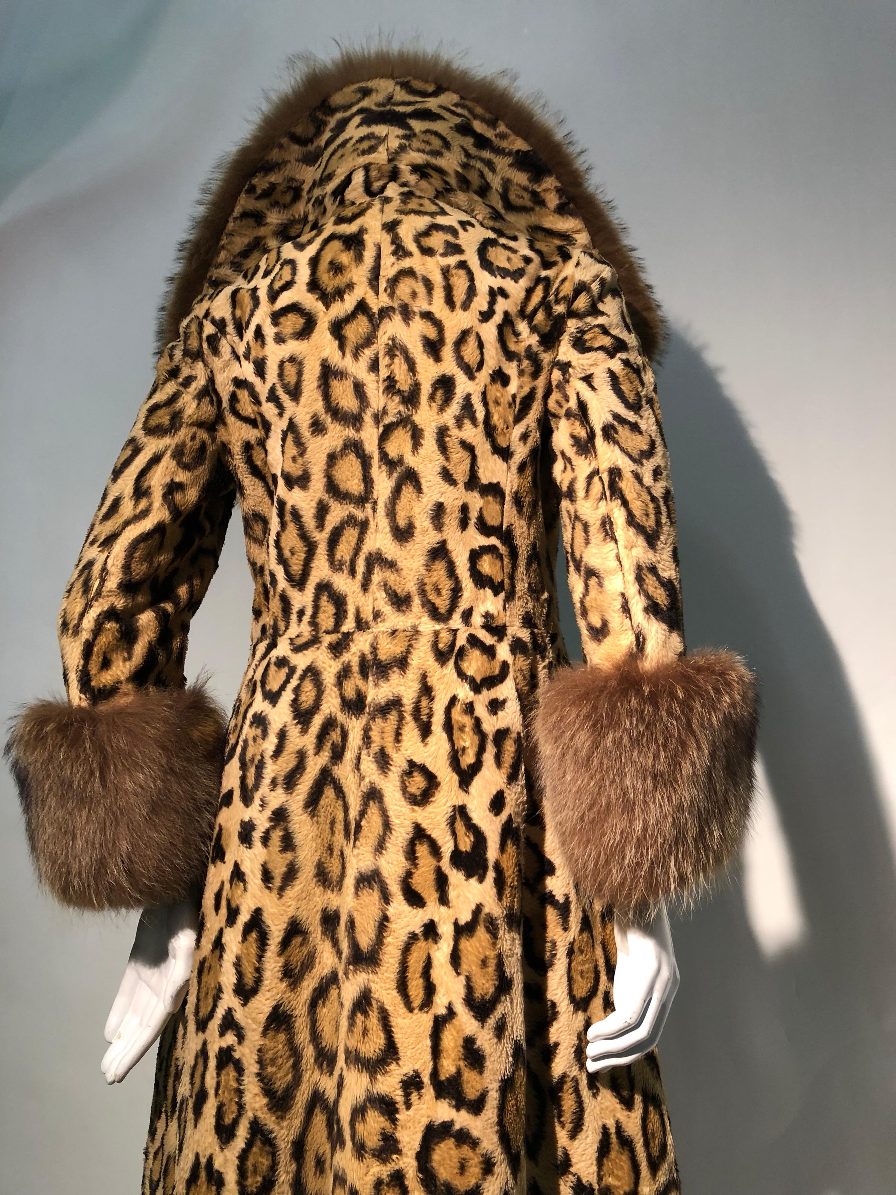 1970s Full Length Faux-Leopard Princess Coat W/ Genuine Fur Collar & Cuffs 3