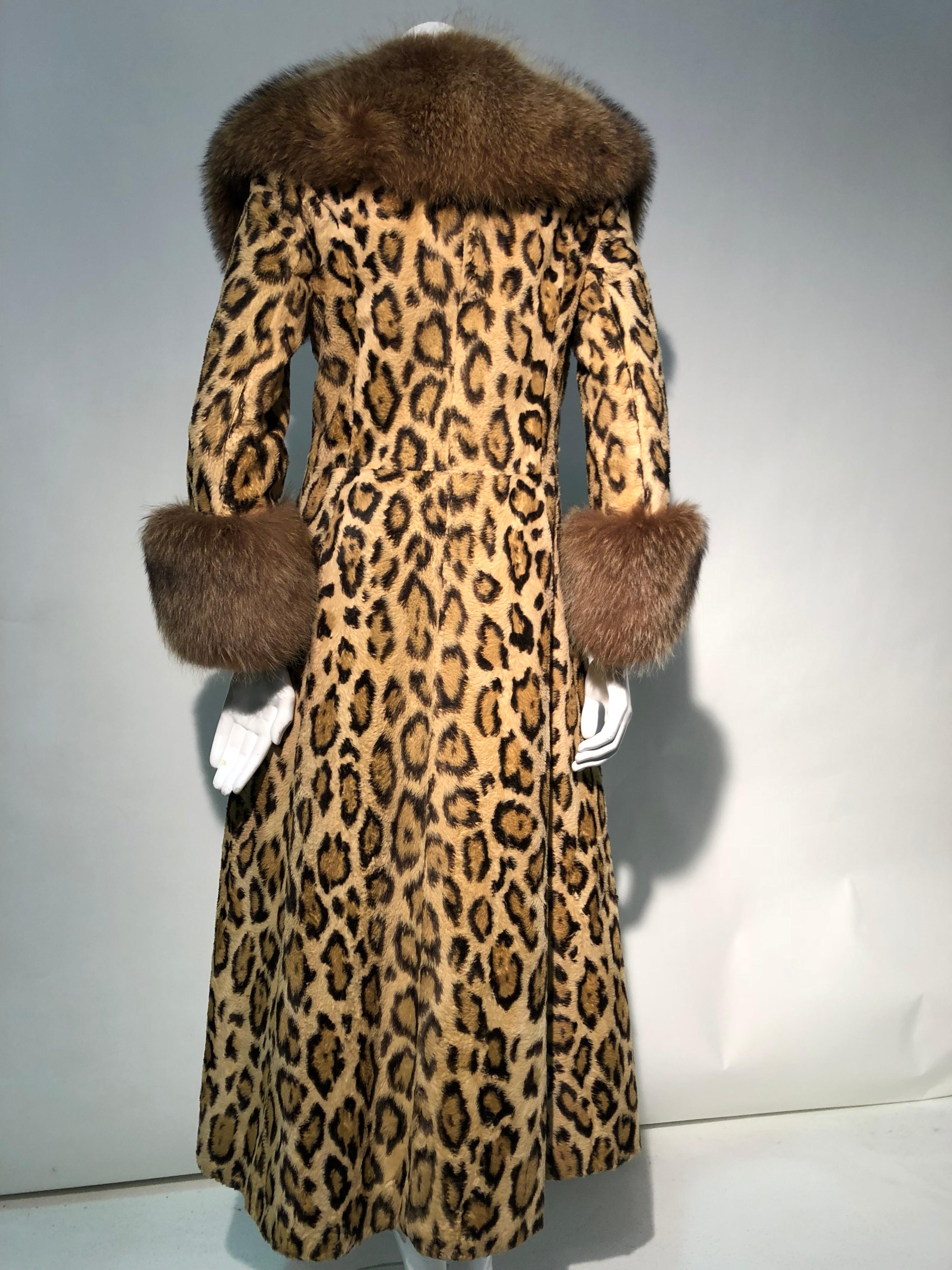 1970s Full Length Faux-Leopard Princess Coat W/ Genuine Fur Collar & Cuffs 5