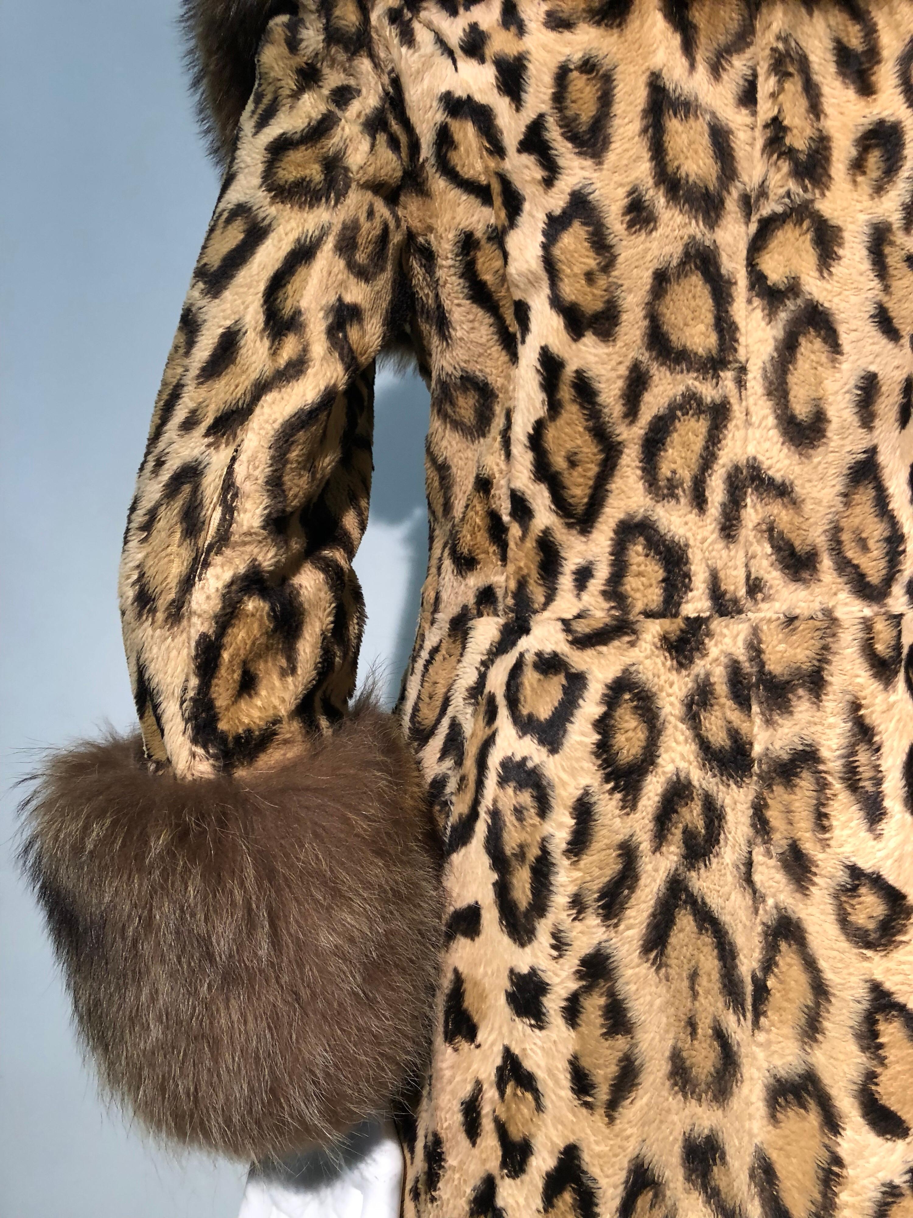 1970s Full Length Faux-Leopard Princess Coat W/ Genuine Fur Collar & Cuffs 6