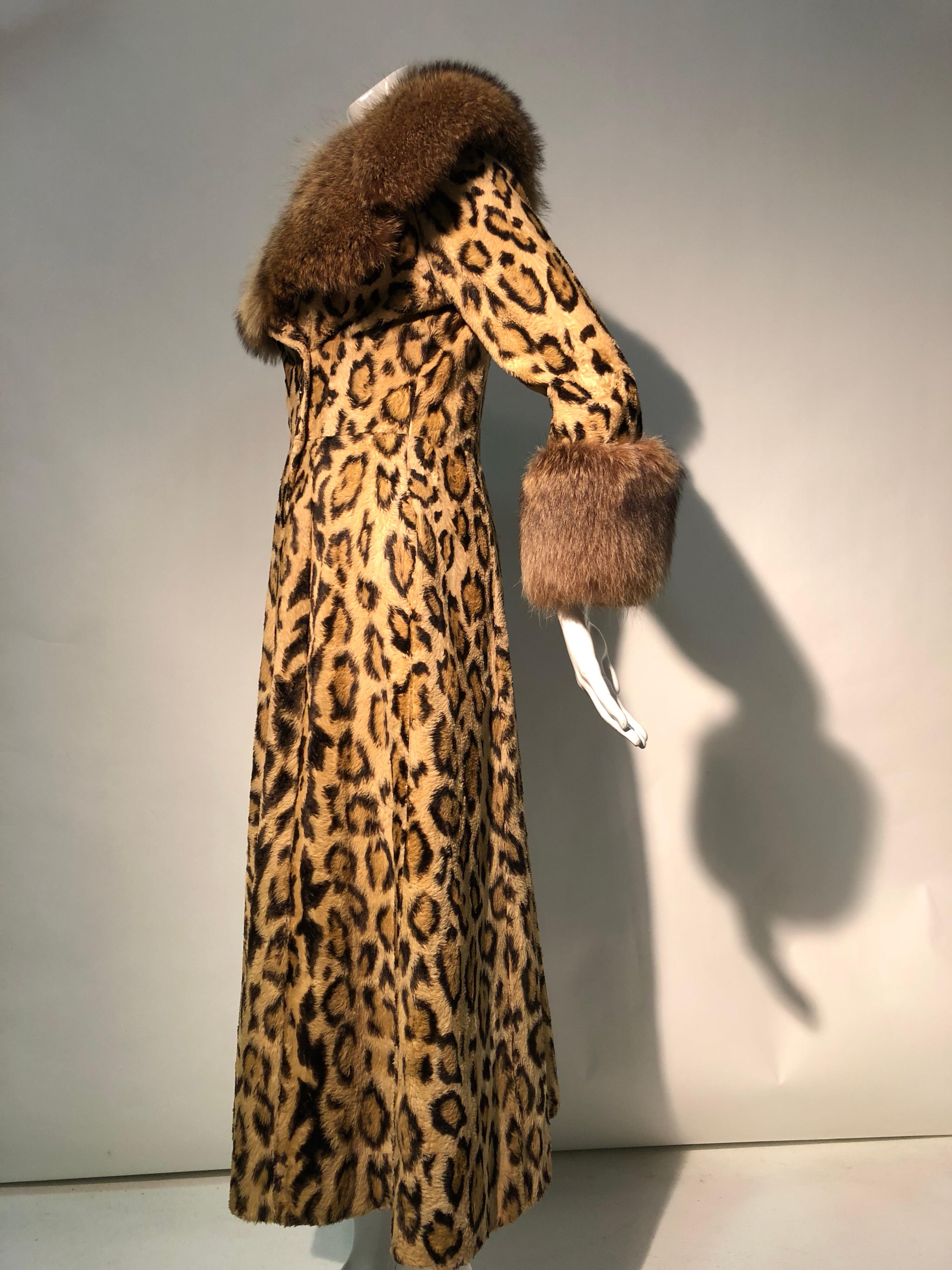 1970s Full Length Faux-Leopard Princess Coat W/ Genuine Fur Collar & Cuffs 7