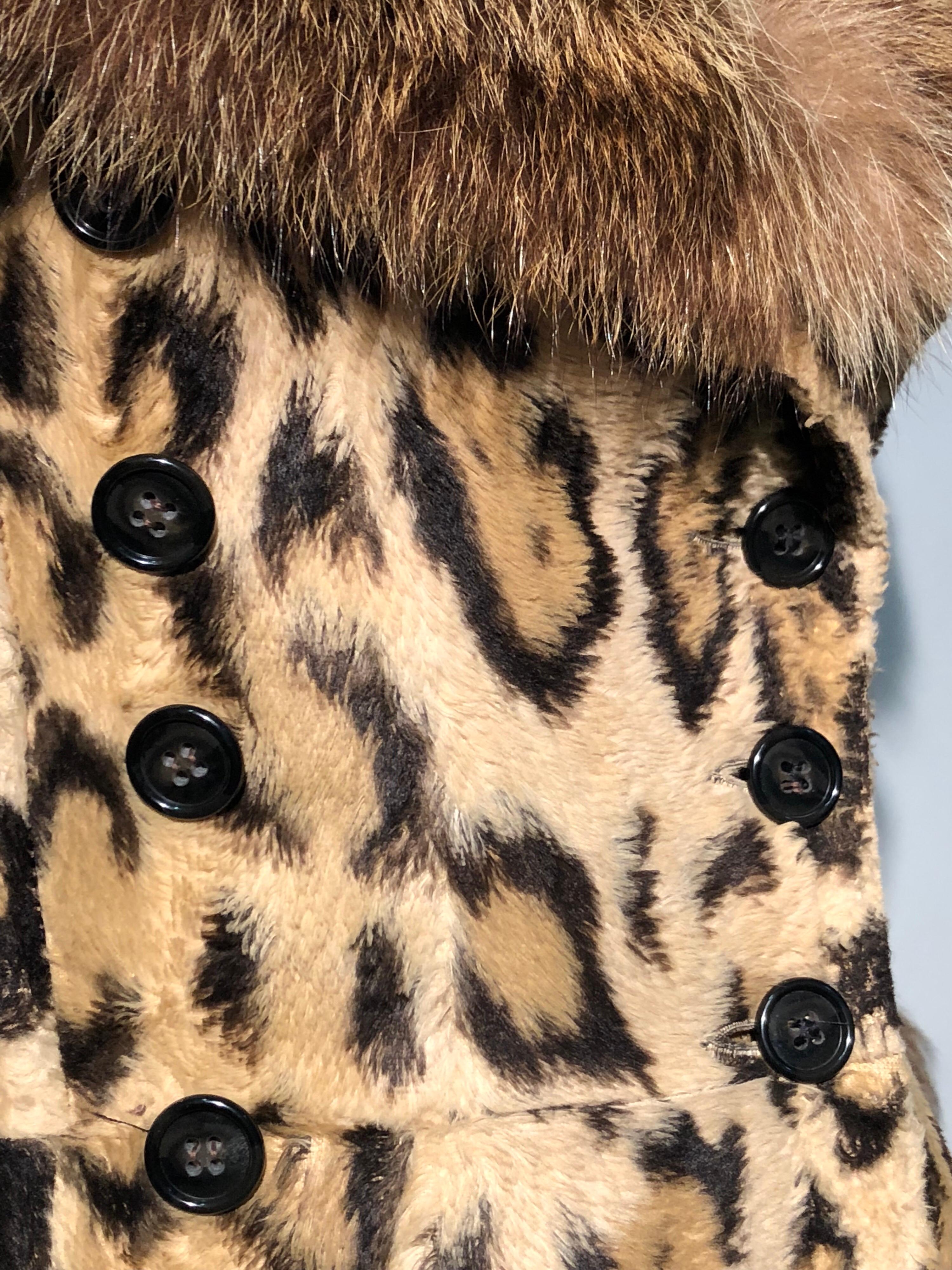 1970s Full Length Faux-Leopard Princess Coat W/ Genuine Fur Collar & Cuffs 8
