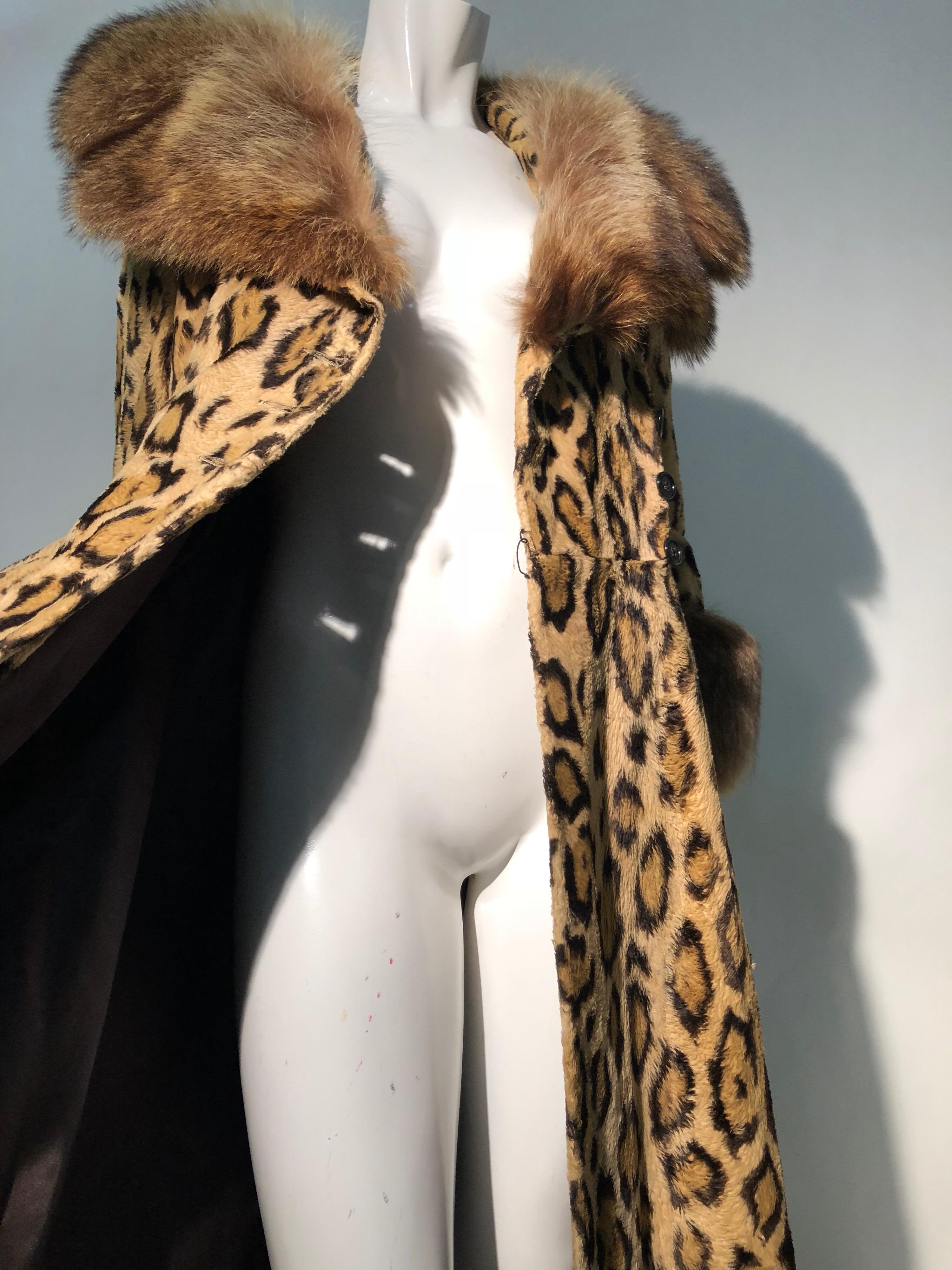 1970s Full Length Faux-Leopard Princess Coat W/ Genuine Fur Collar & Cuffs 9