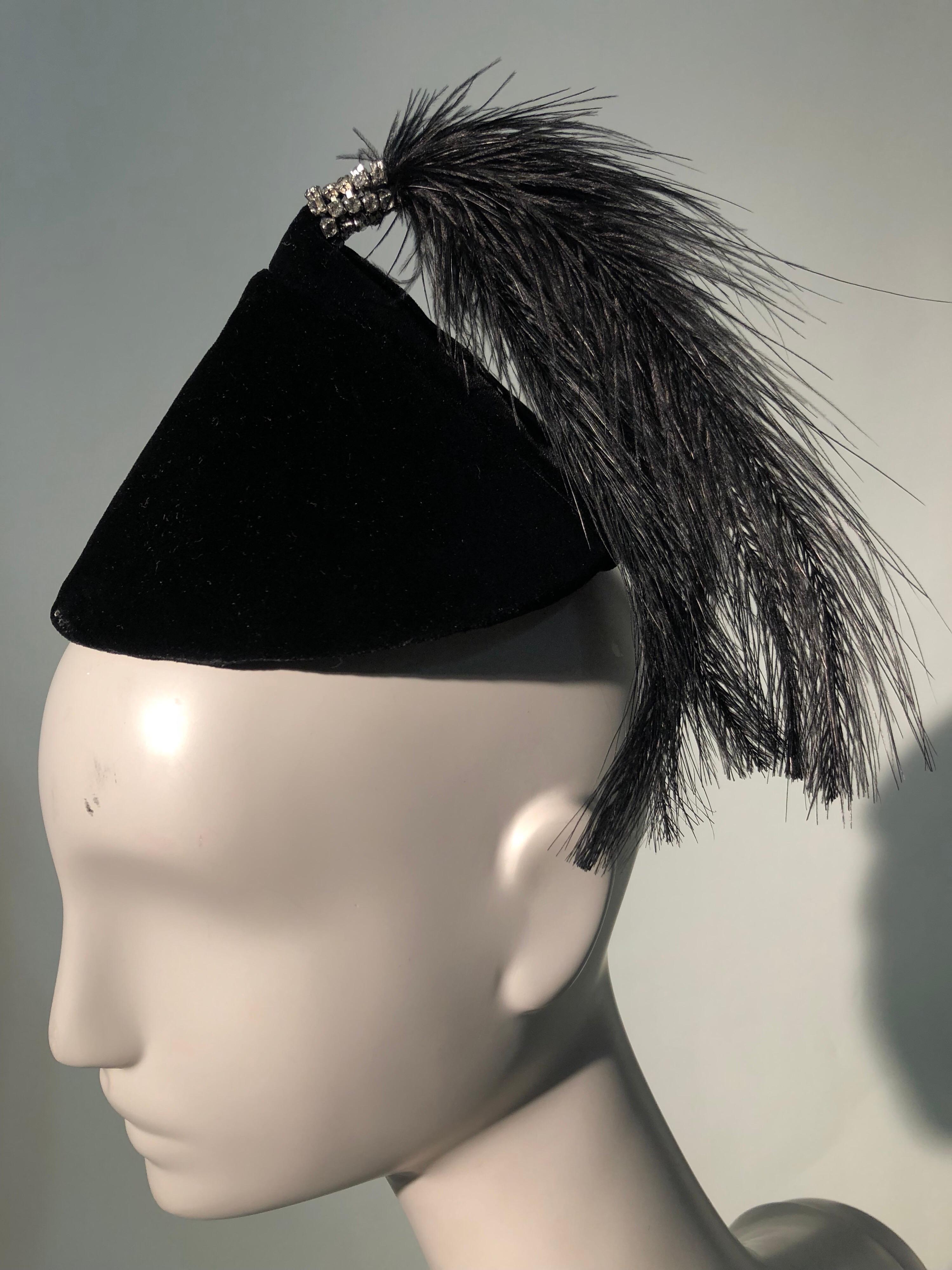 1950s Raymond Hudd Black Velvet Hat W/ Egret Feather and Rhinestone Tassel 1