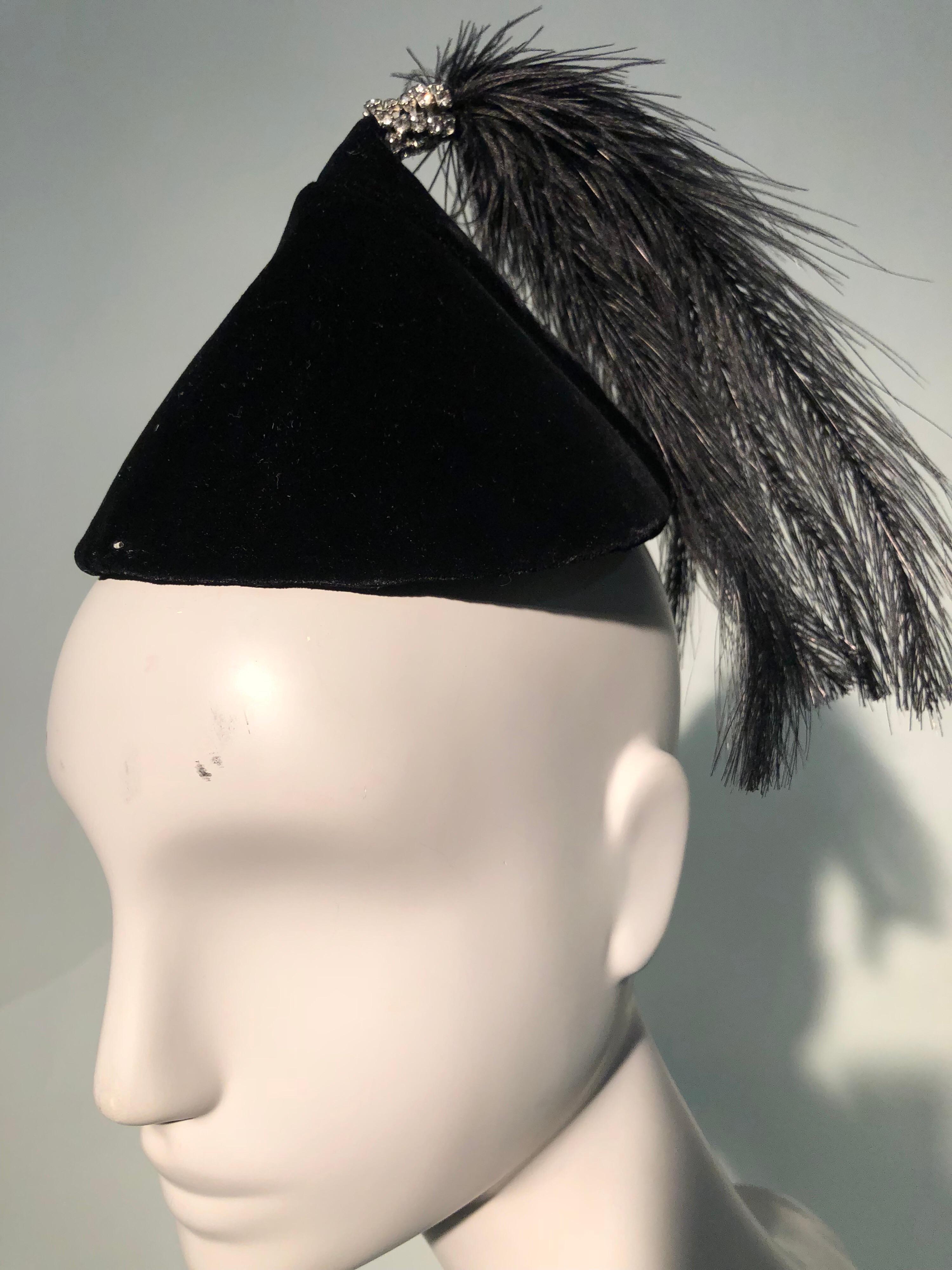 1950s Raymond Hudd Black Velvet Hat W/ Egret Feather and Rhinestone Tassel 2