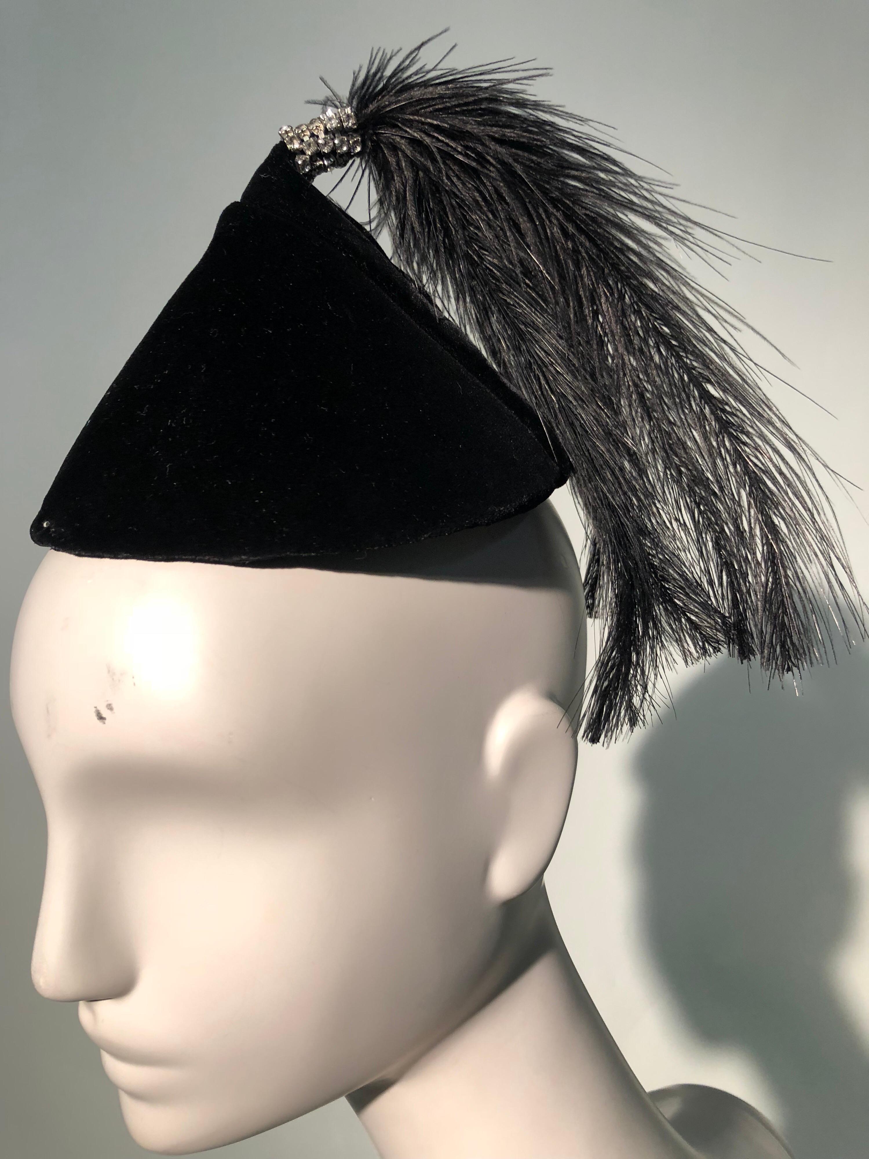 1950s Raymond Hudd Black Velvet Hat W/ Egret Feather and Rhinestone Tassel 3