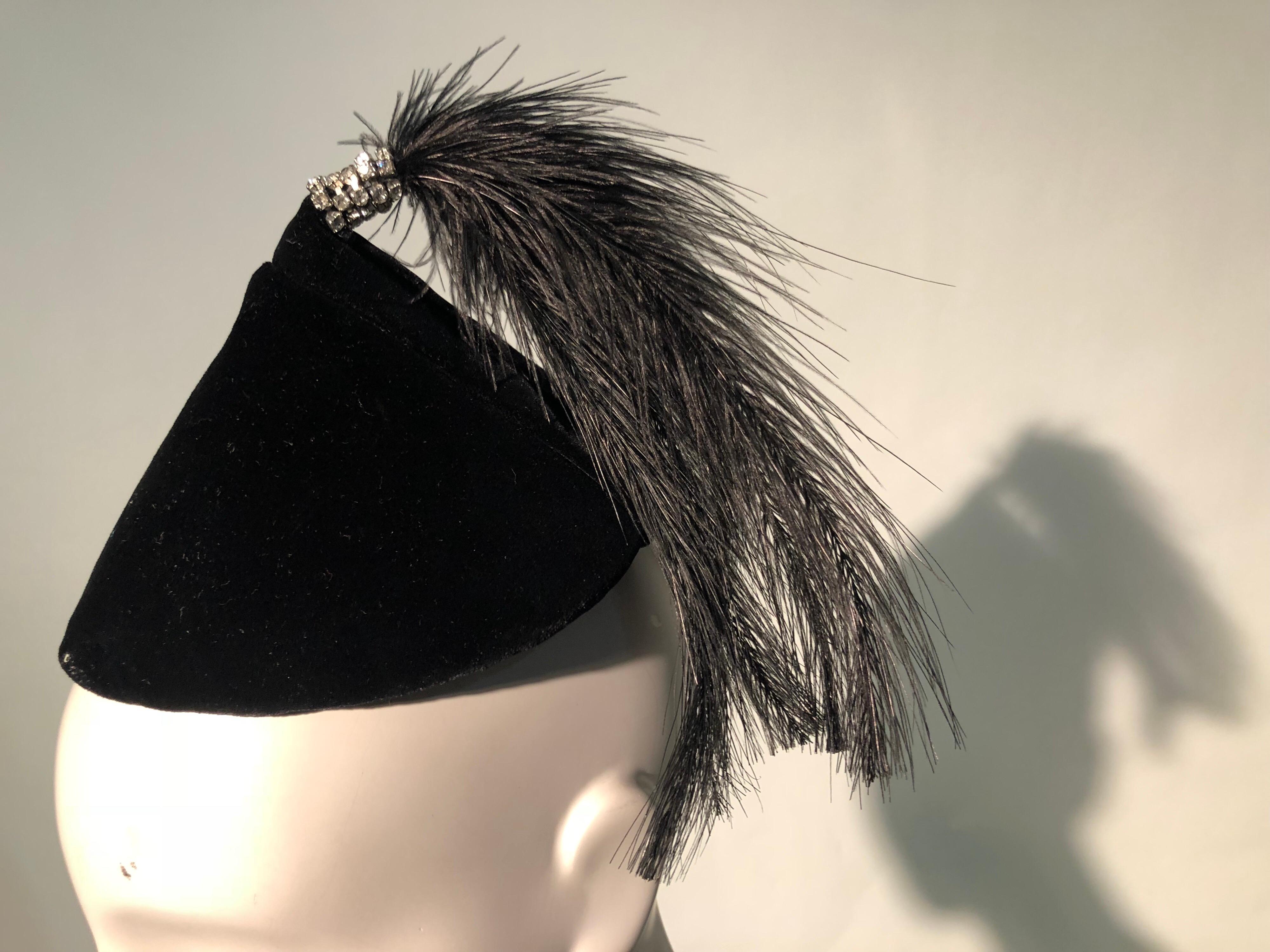 1950s Raymond Hudd Black Velvet Hat W/ Egret Feather and Rhinestone Tassel 4