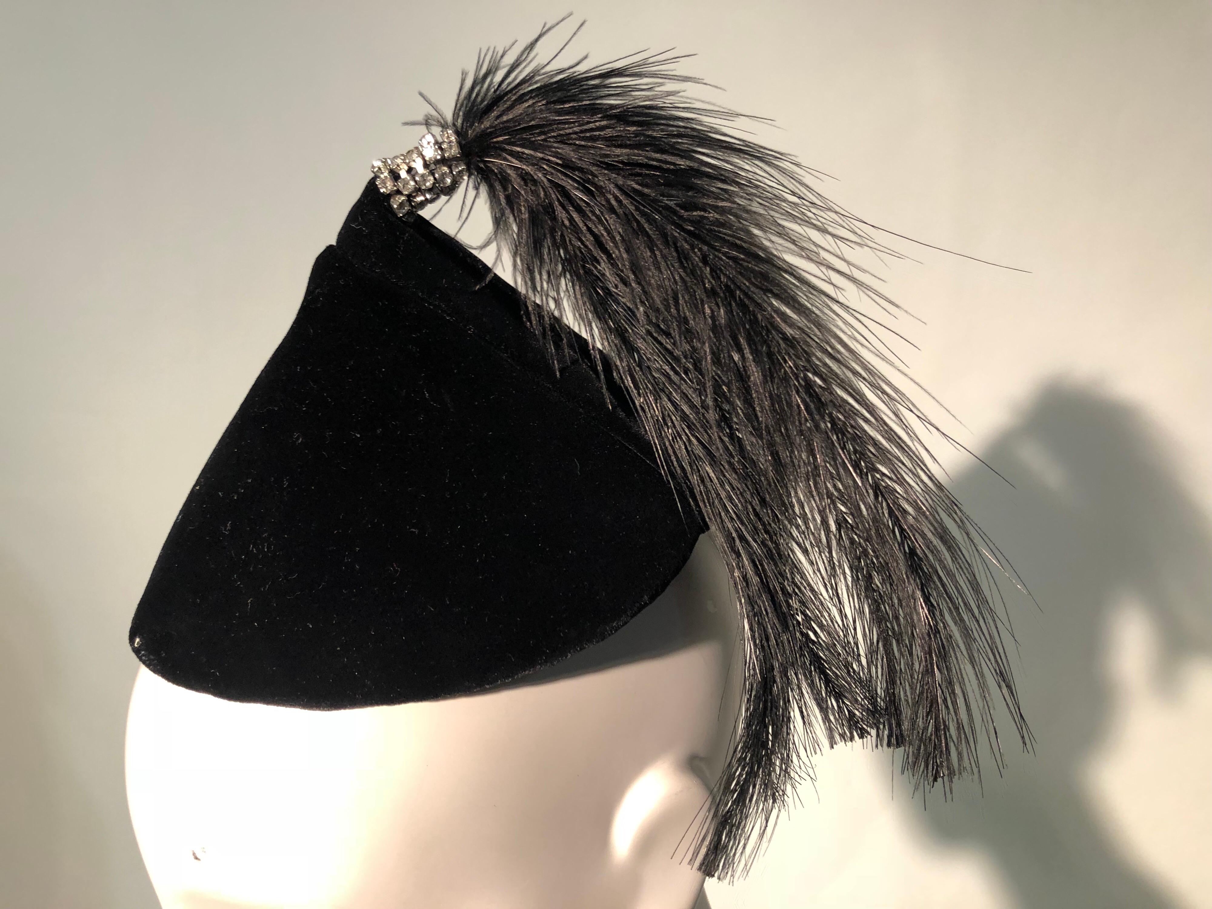 1950s Raymond Hudd Black Velvet Hat W/ Egret Feather and Rhinestone Tassel 5