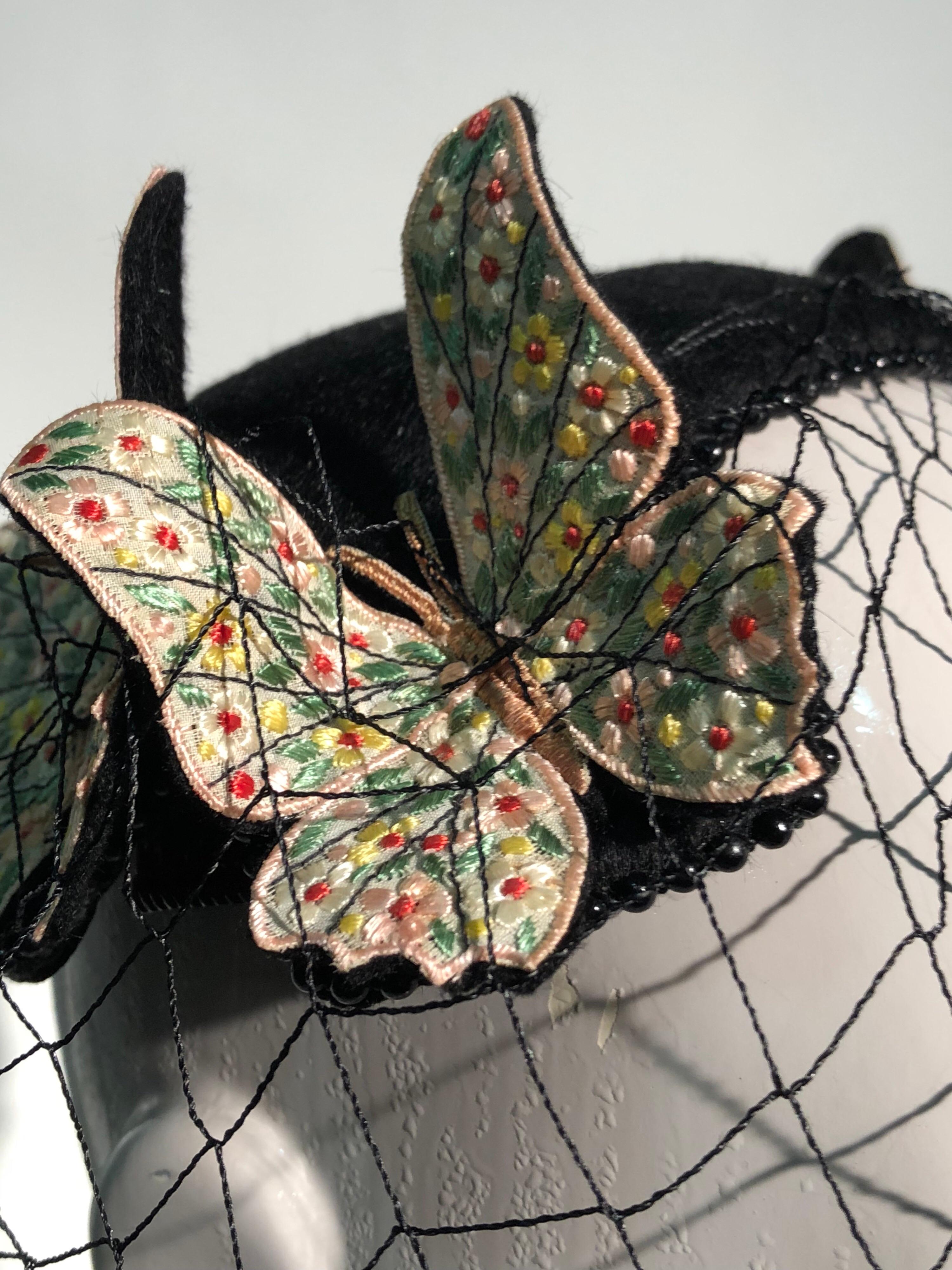 Women's 1966 Bes-Ben Black Felt Hat W/ Floral Embroidered Butterflies Bead Trim & Net