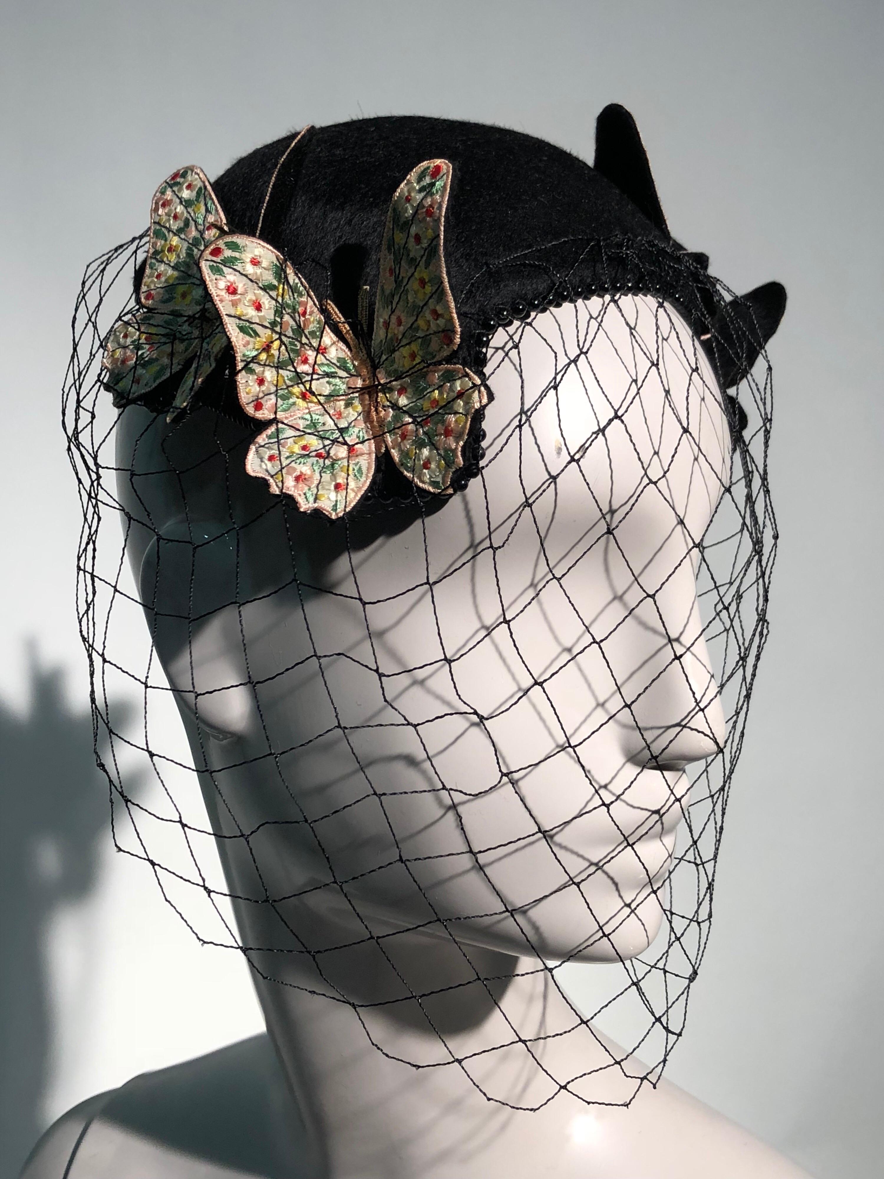 1966 Bes-Ben Black Felt Hat W/ Floral Embroidered Butterflies Bead Trim & Net  1